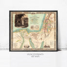 The image is a framed vintage map of the Middle East, depicting the region in a detailed and intricate manner.
