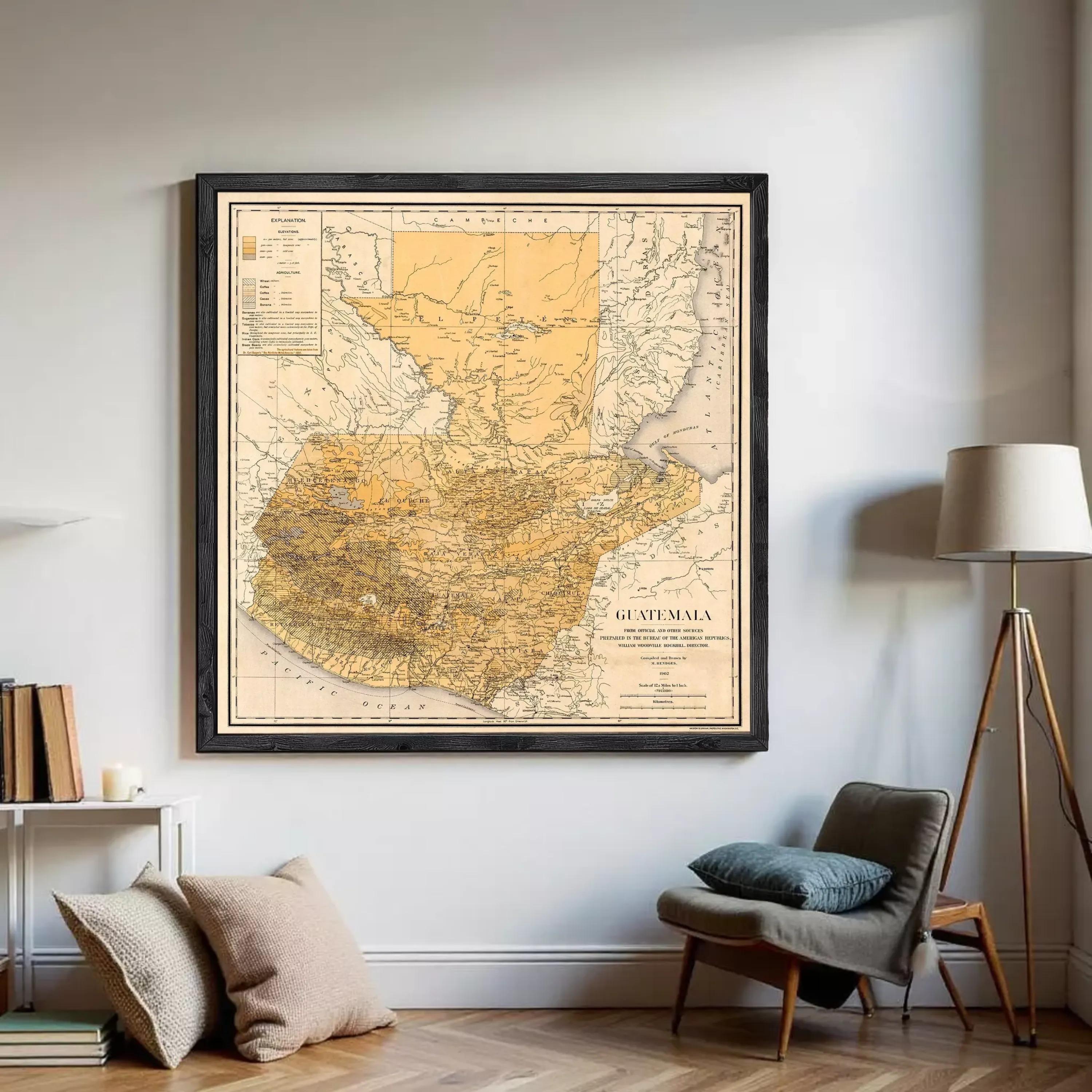The image is a framed vintage map of Guatemala, depicting the country's geographical layout and boundaries.