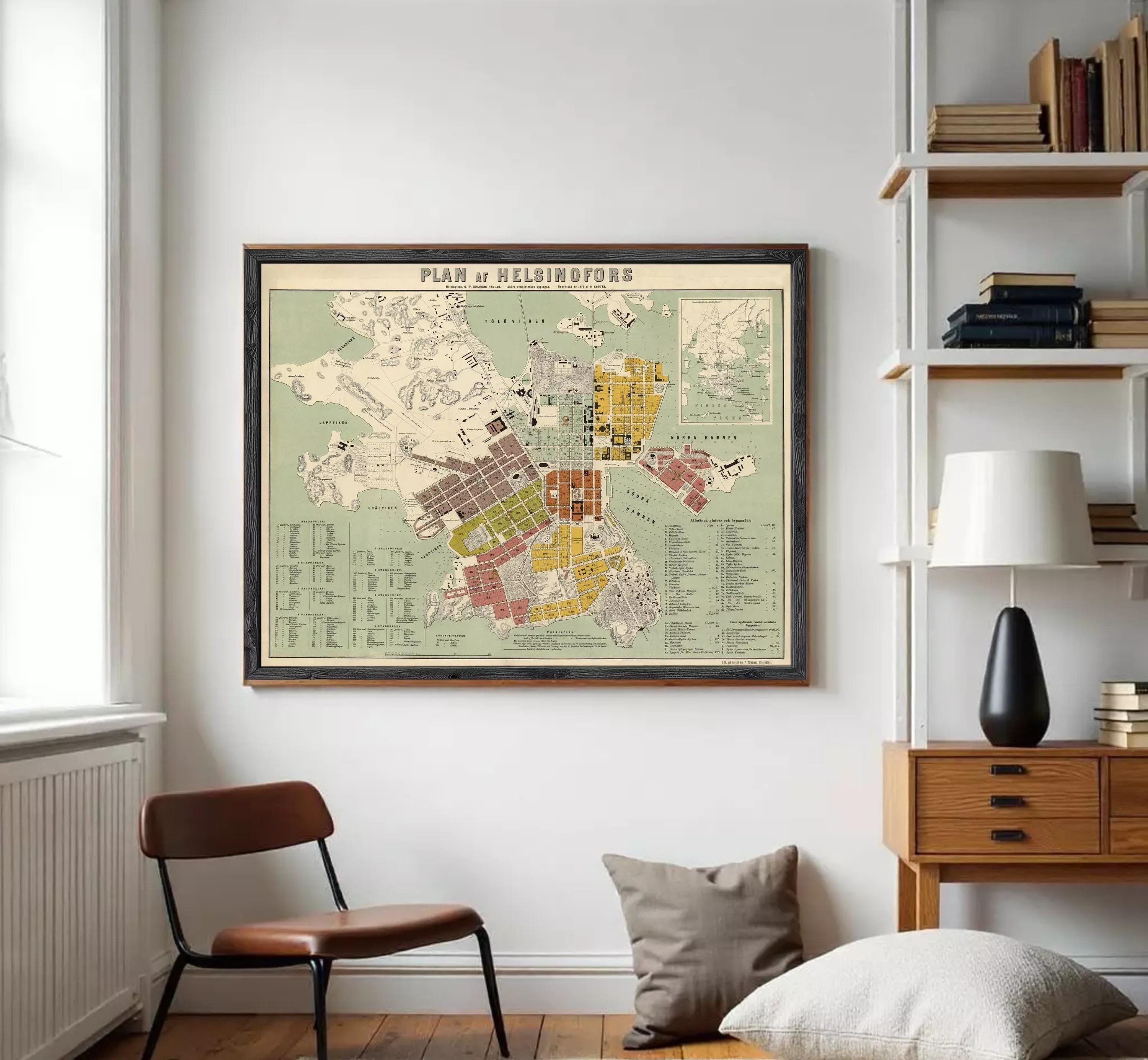 The image is a framed map of Helsinki, Finland, depicting the city's layout and surrounding areas.