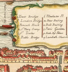 The image is a detailed map of a city, featuring various landmarks and buildings. It includes a list of notable locations such as Tower Bridge, London Bridge, and the Winchester Palace. The map also includes a decorative border and a decorative element that resembles a flower. The overall layout and design of the image suggest it is a historical or artistic representation of a cityscape.