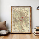 The image is a framed vintage map of Leipzig, Germany, depicting the city's layout and surrounding areas.