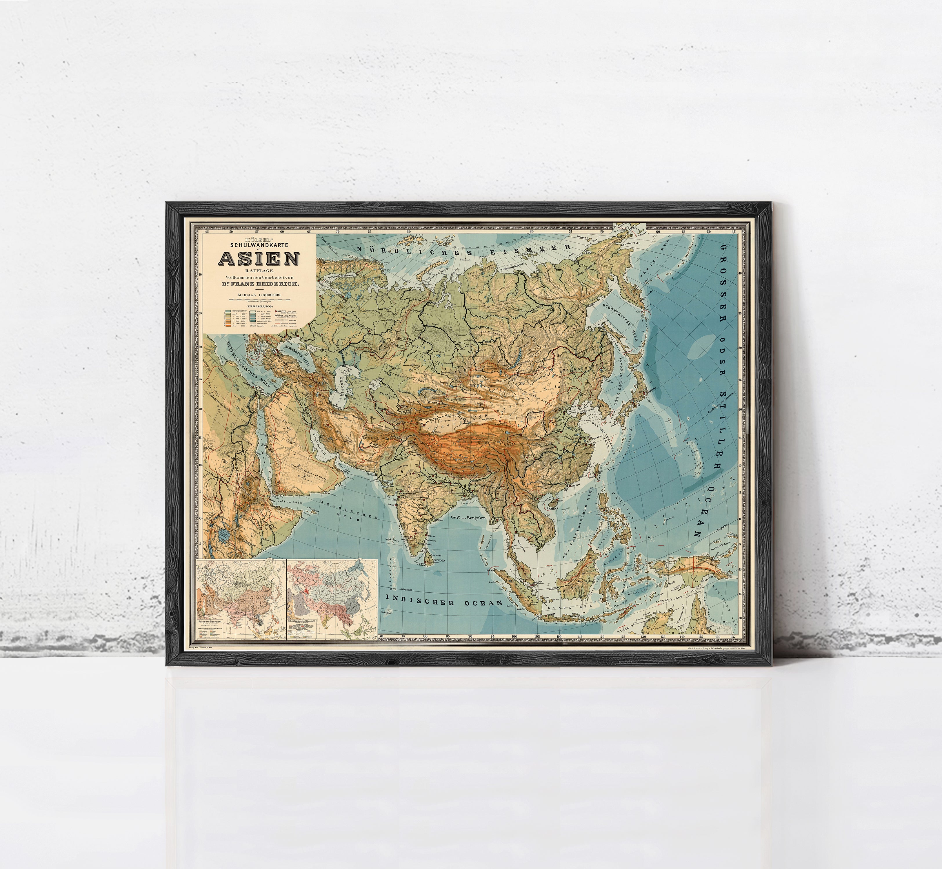 The image is a framed vintage map of Asia, depicting the countries and regions of the Asian continent.