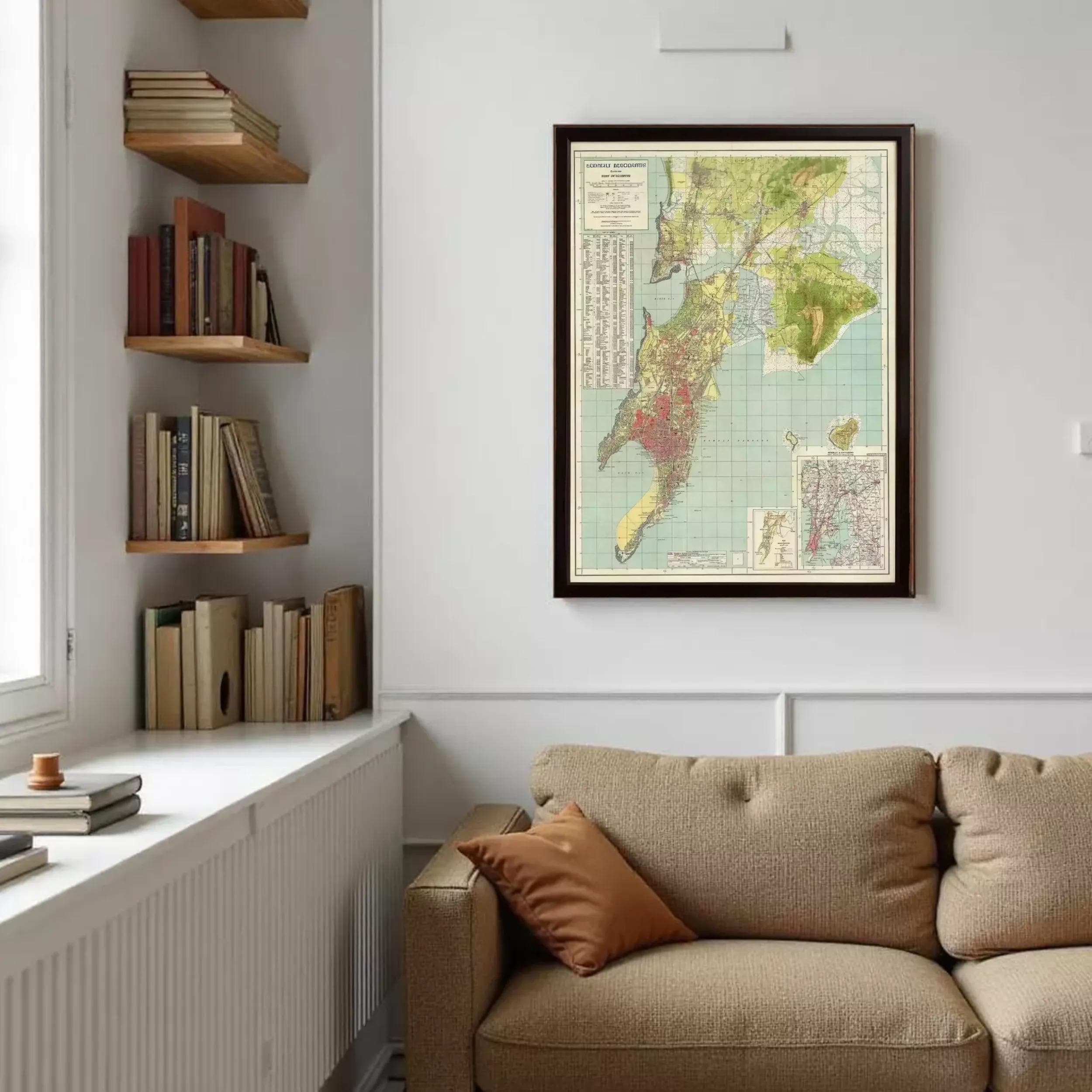 a cozy living room with a brown sofa, a bookshelf filled with books, and a framed map hanging on the wall.