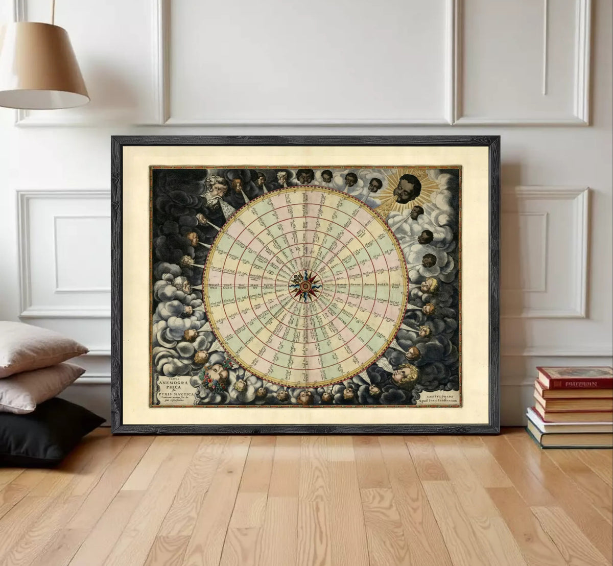The image is a framed vintage map depicting a wheel with various celestial bodies and symbols surrounding it.