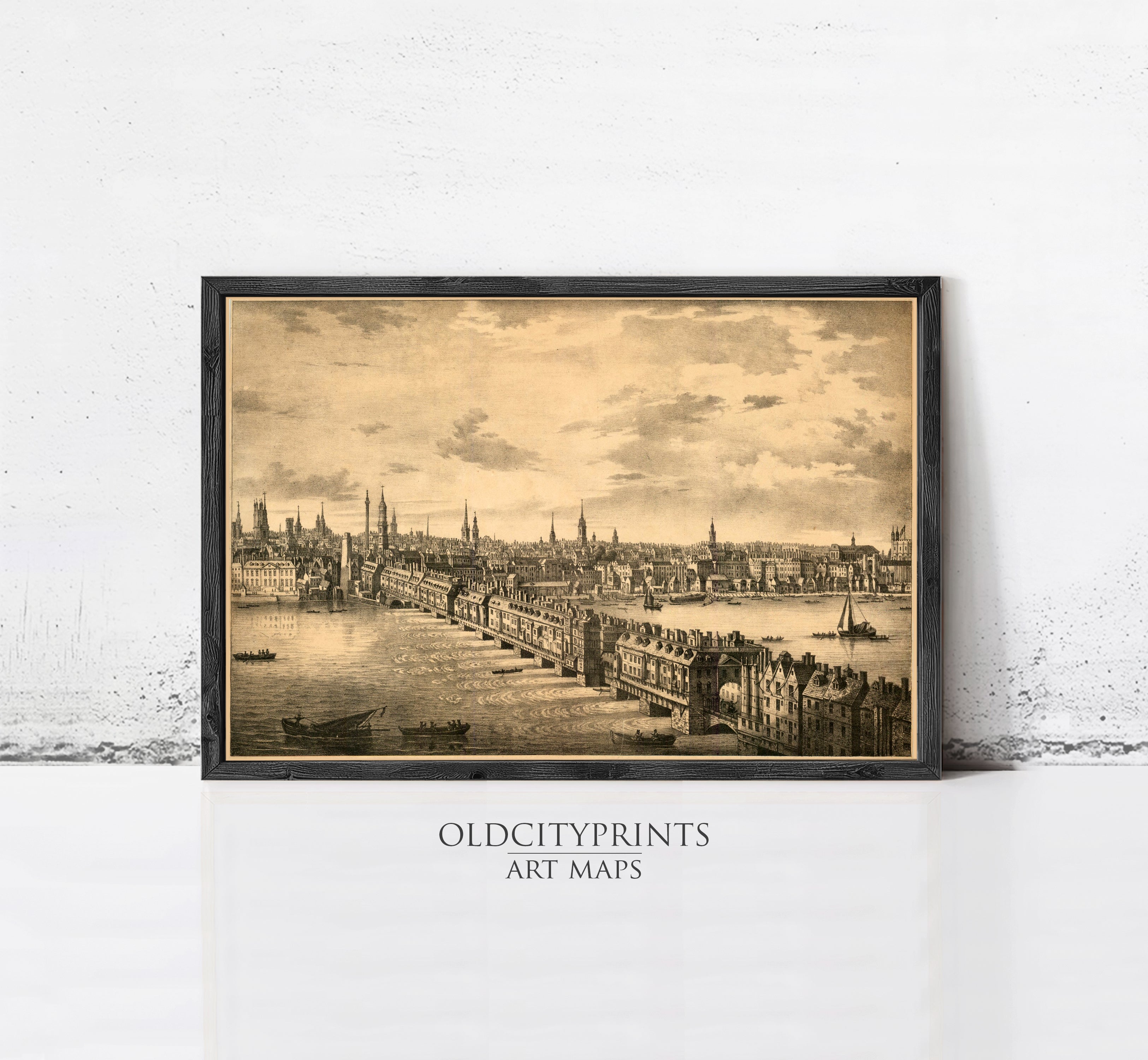 The image is a framed print depicting a cityscape with a river and boats, likely an art map.