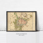 The image is a framed art map of an old city, likely from the 18th century, with detailed geographical information and labels.