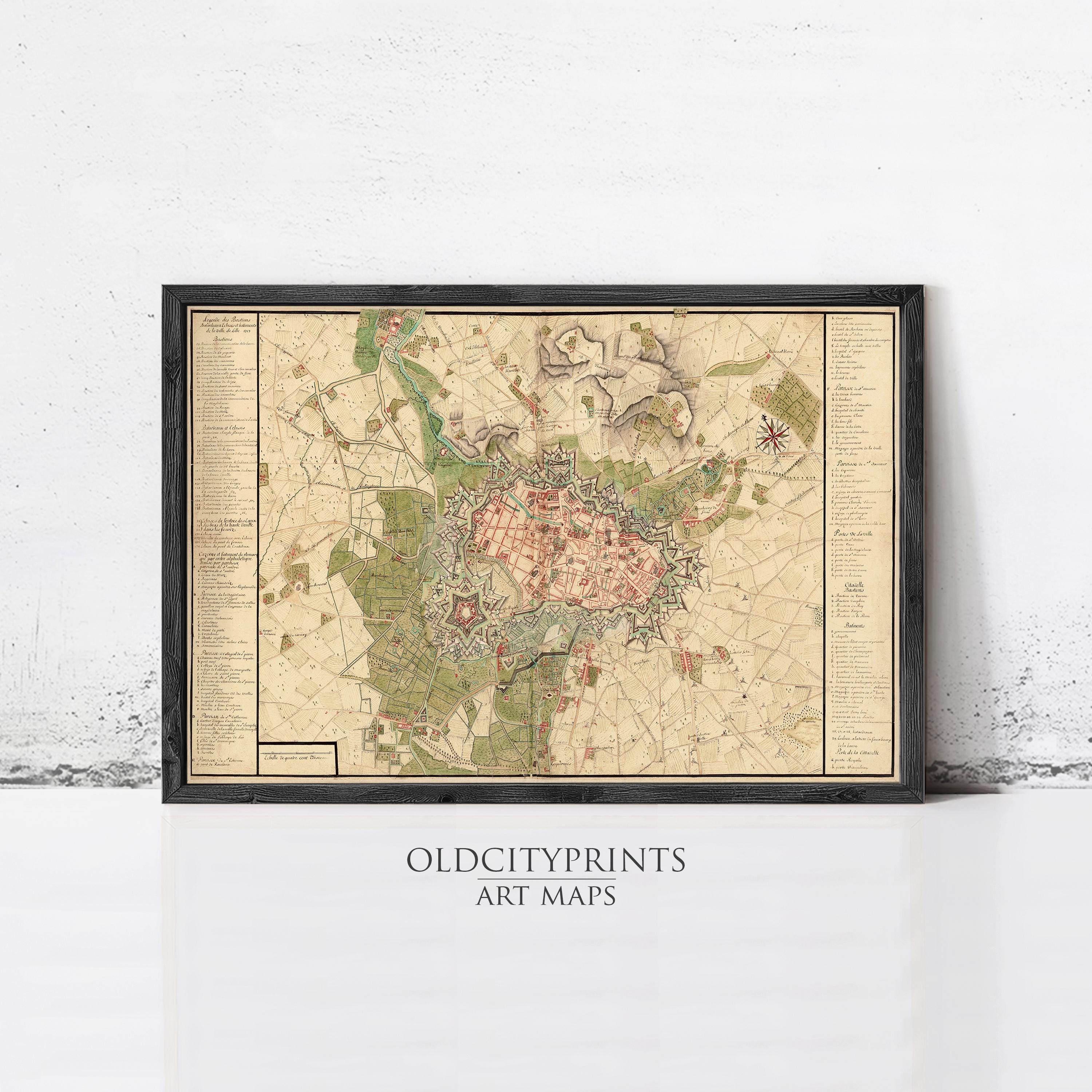 The image is a framed art map of an old city, likely from the 18th century, with detailed geographical information and labels.