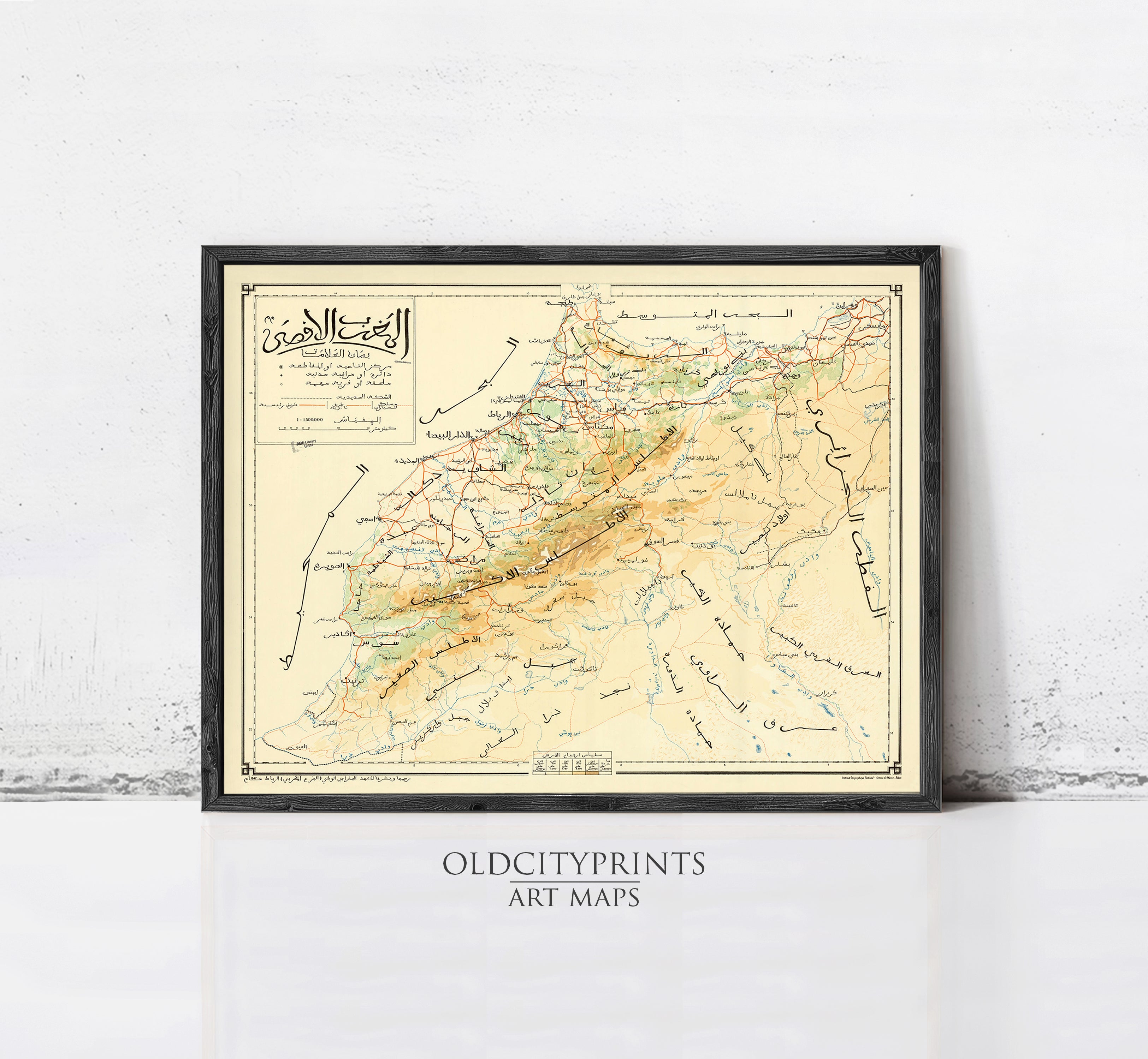 The image is a framed vintage map of a region, possibly depicting a mountainous area, with various roads and landmarks marked on it.