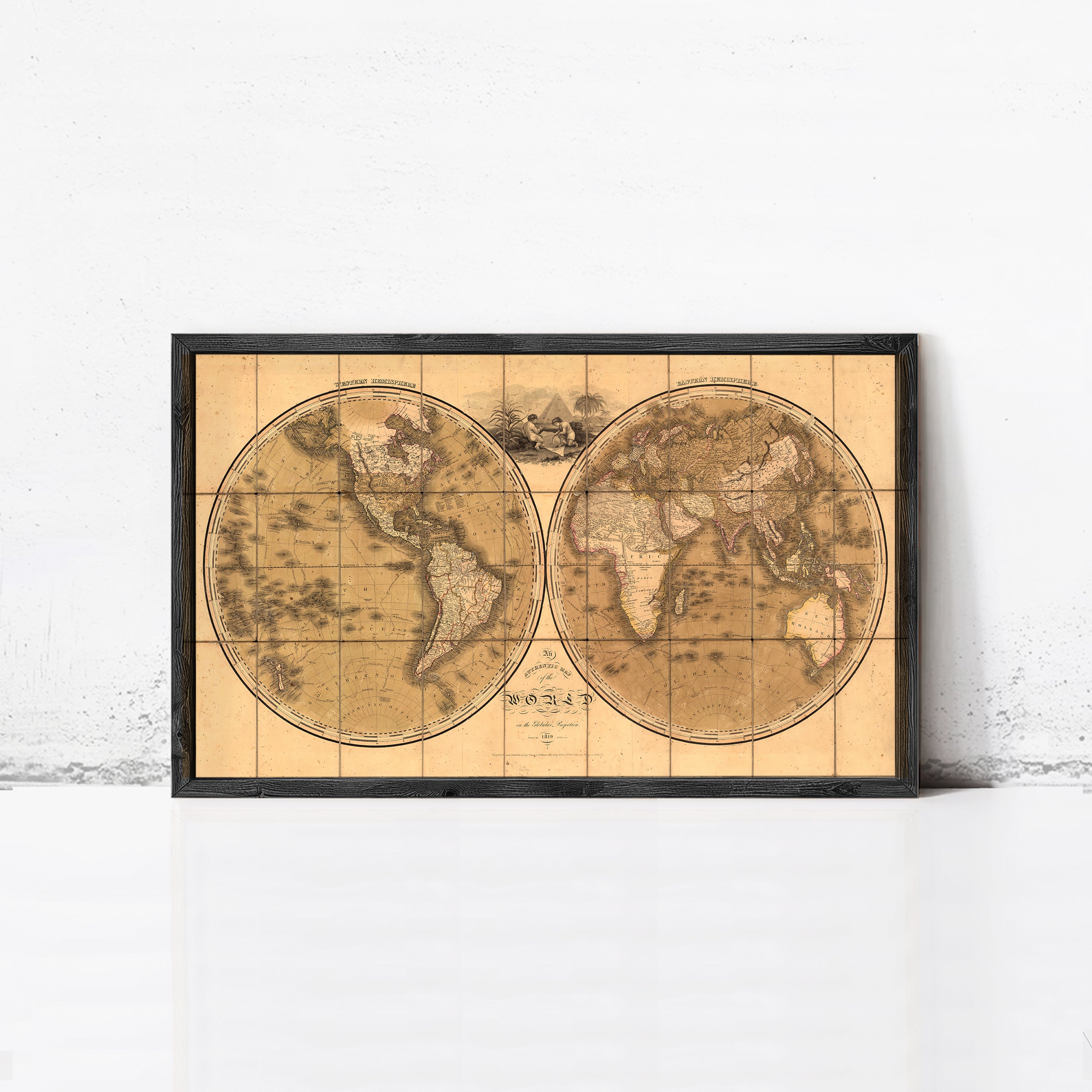 The image is a framed vintage map of the world, depicting the continents and oceans in a detailed and intricate manner.
