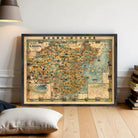The image is a framed vintage map of China, featuring various landmarks and regions across the country.