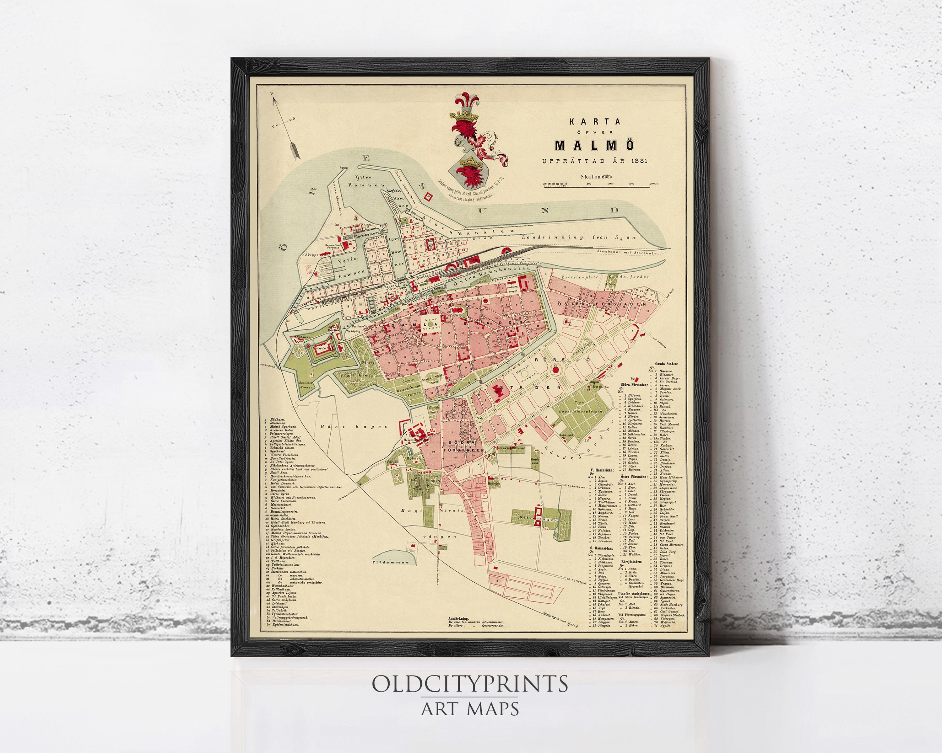 The image is a framed vintage map of Malmö, Sweden, depicting the city's layout and surrounding areas.