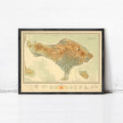 The image is a framed map of Bali, Indonesia, depicting the island's geographical features and boundaries.