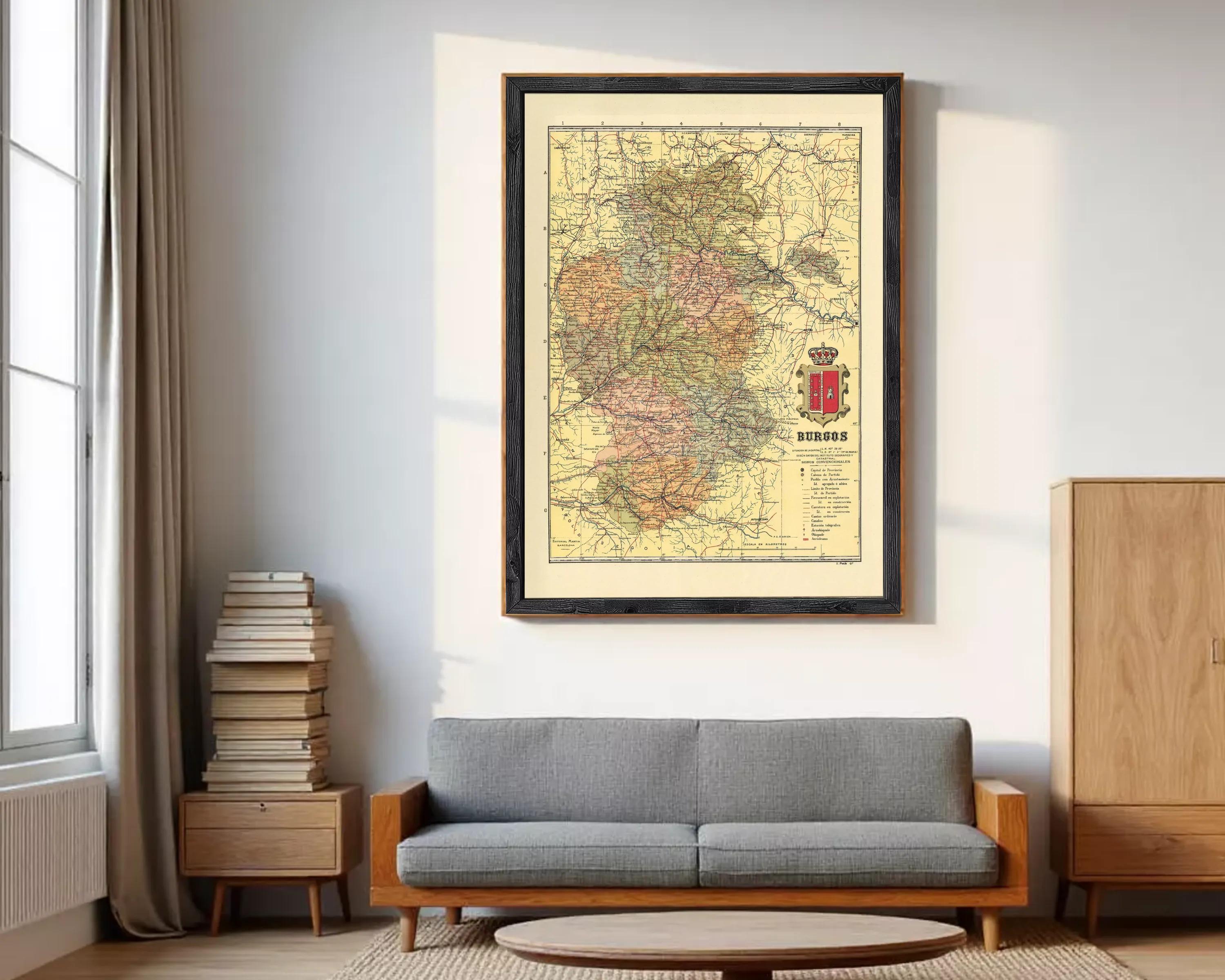 The image is a framed map of Burgos, Spain, with a coat of arms in the bottom right corner.