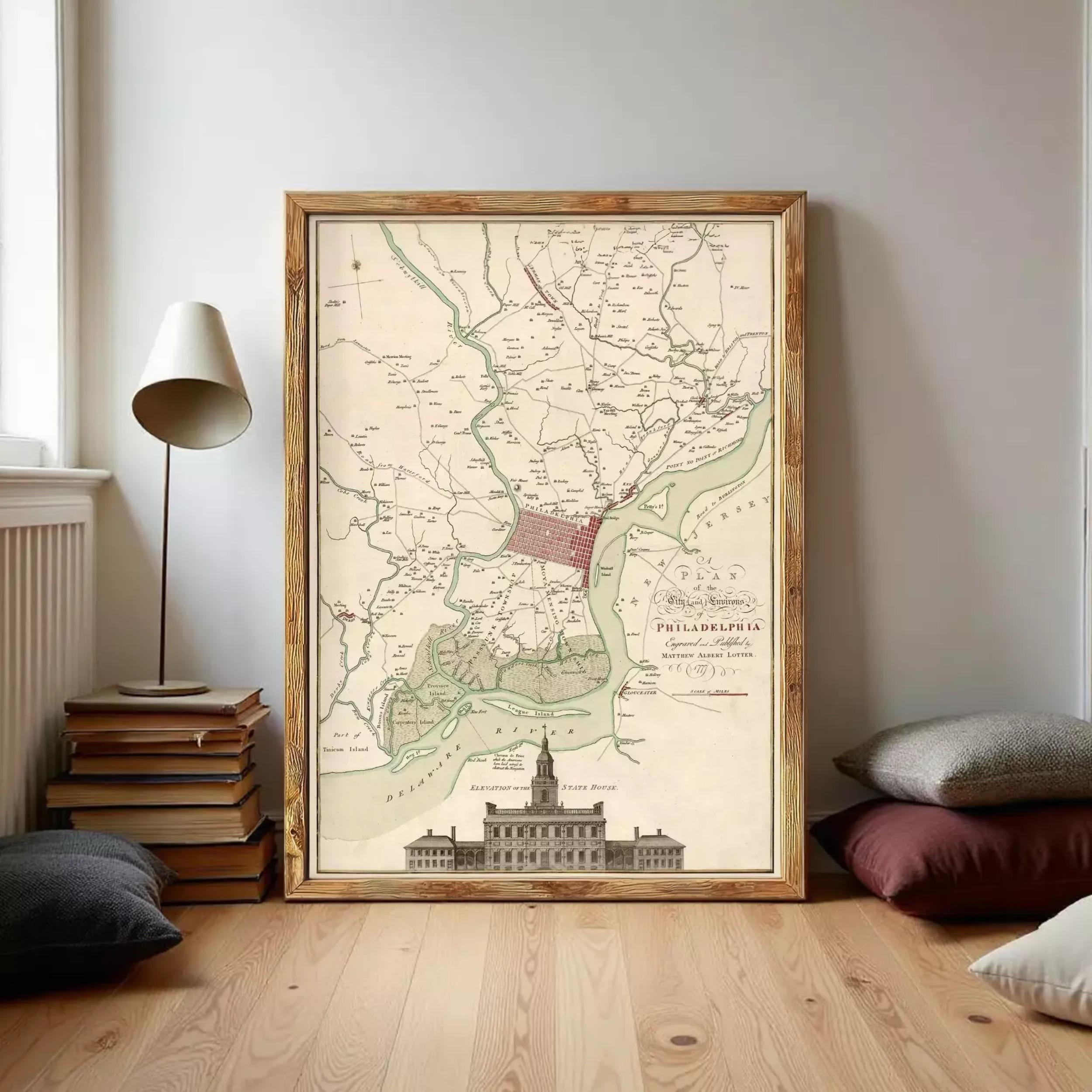 The image is a framed map of Philadelphia, Pennsylvania, depicting the city's layout and surrounding areas.