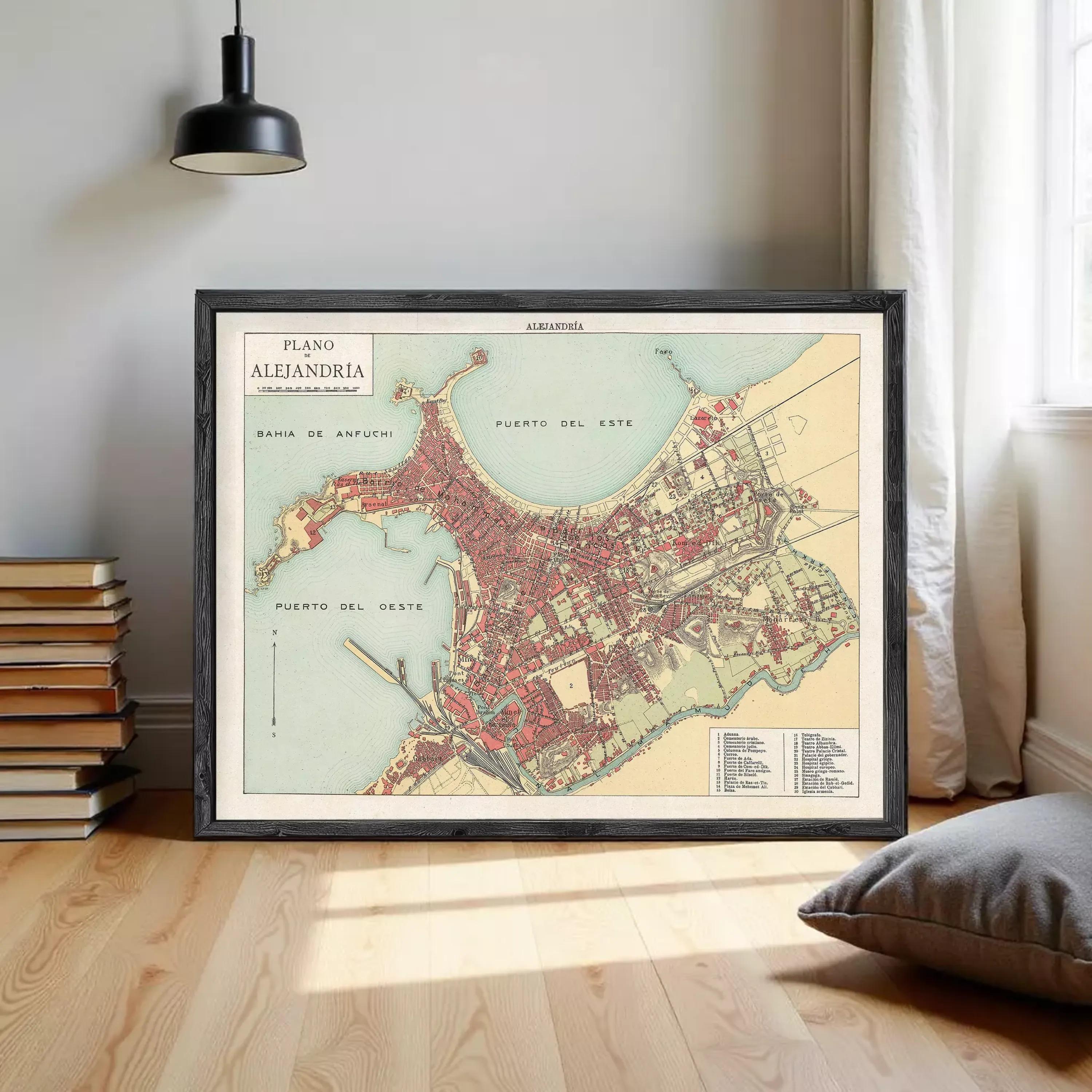 The image is a framed vintage map of the city of Aleppo, Syria, depicting the city's layout and surrounding areas.