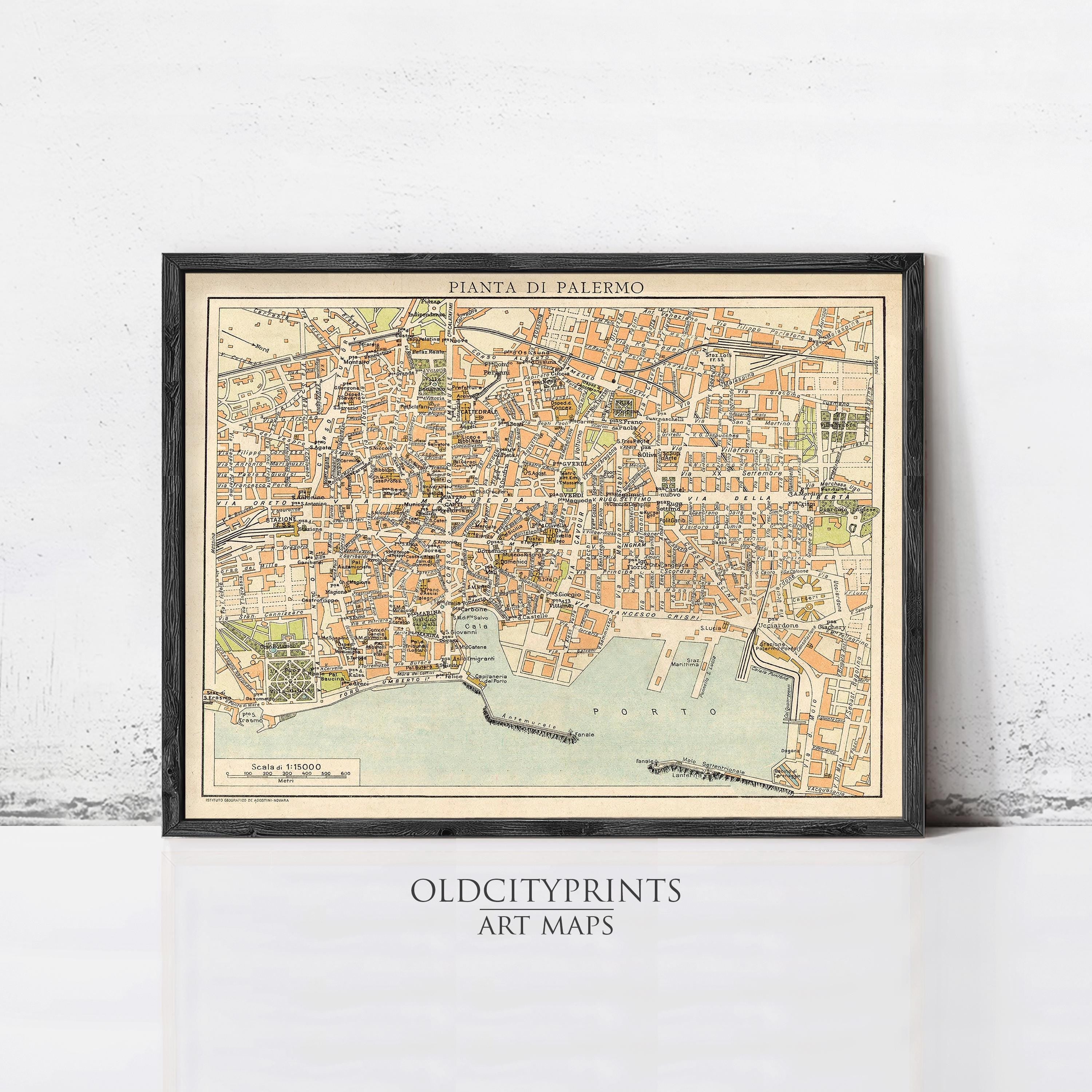 The image is a framed vintage map of Palermo, Italy, depicting the city's streets, landmarks, and surrounding areas.