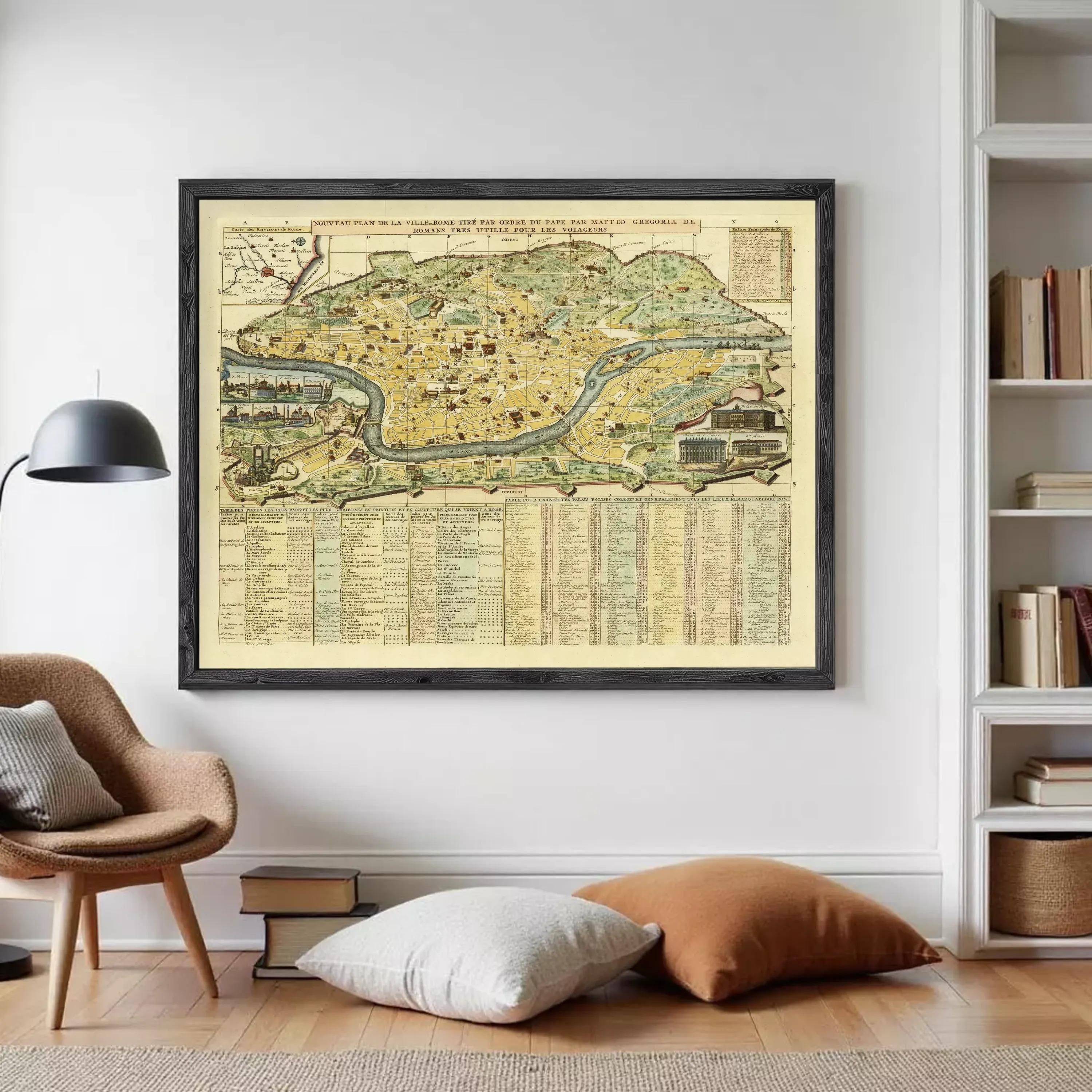 a large framed map hanging on a wall in a room with a bookshelf and a chair.
