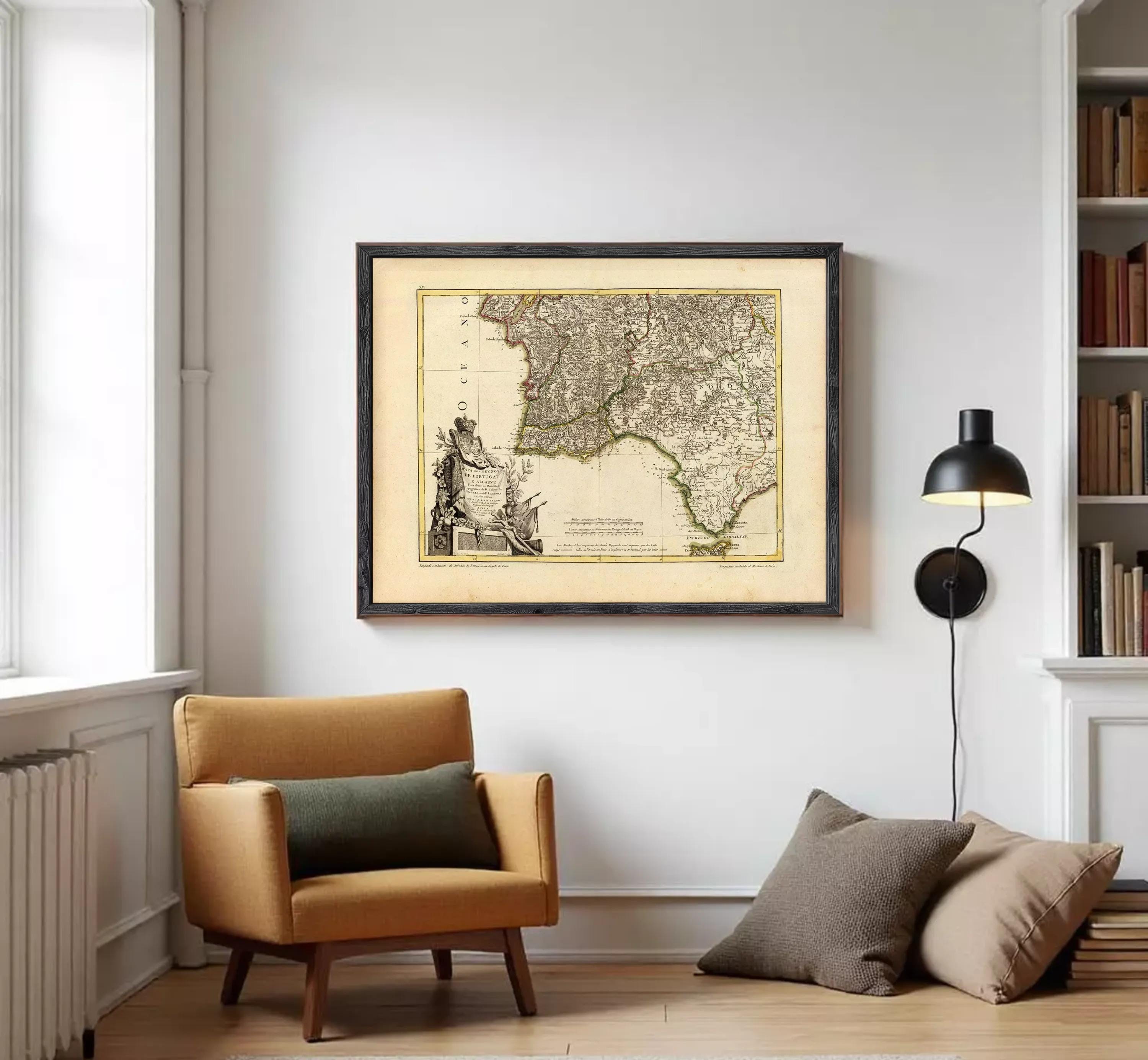 The image is a framed antique map of the Iberian Peninsula, which includes Spain, Portugal, and Portugal's neighboring countries.