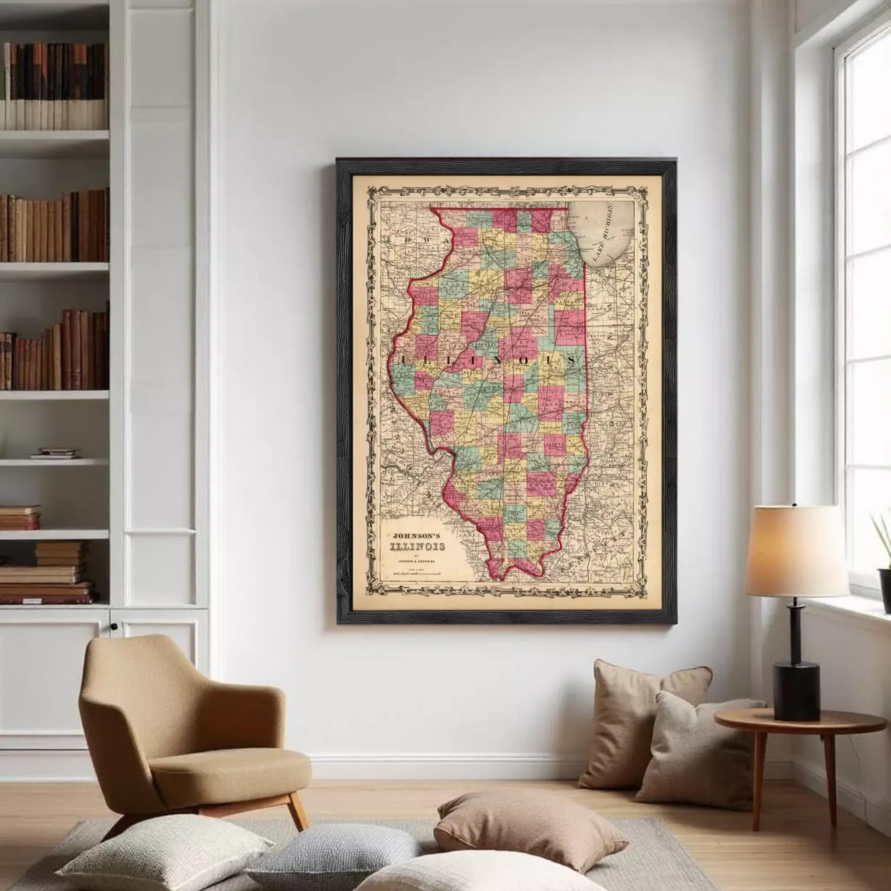 A framed map of Illinois, with the state's borders clearly marked and the name "Illinois" written in the center.