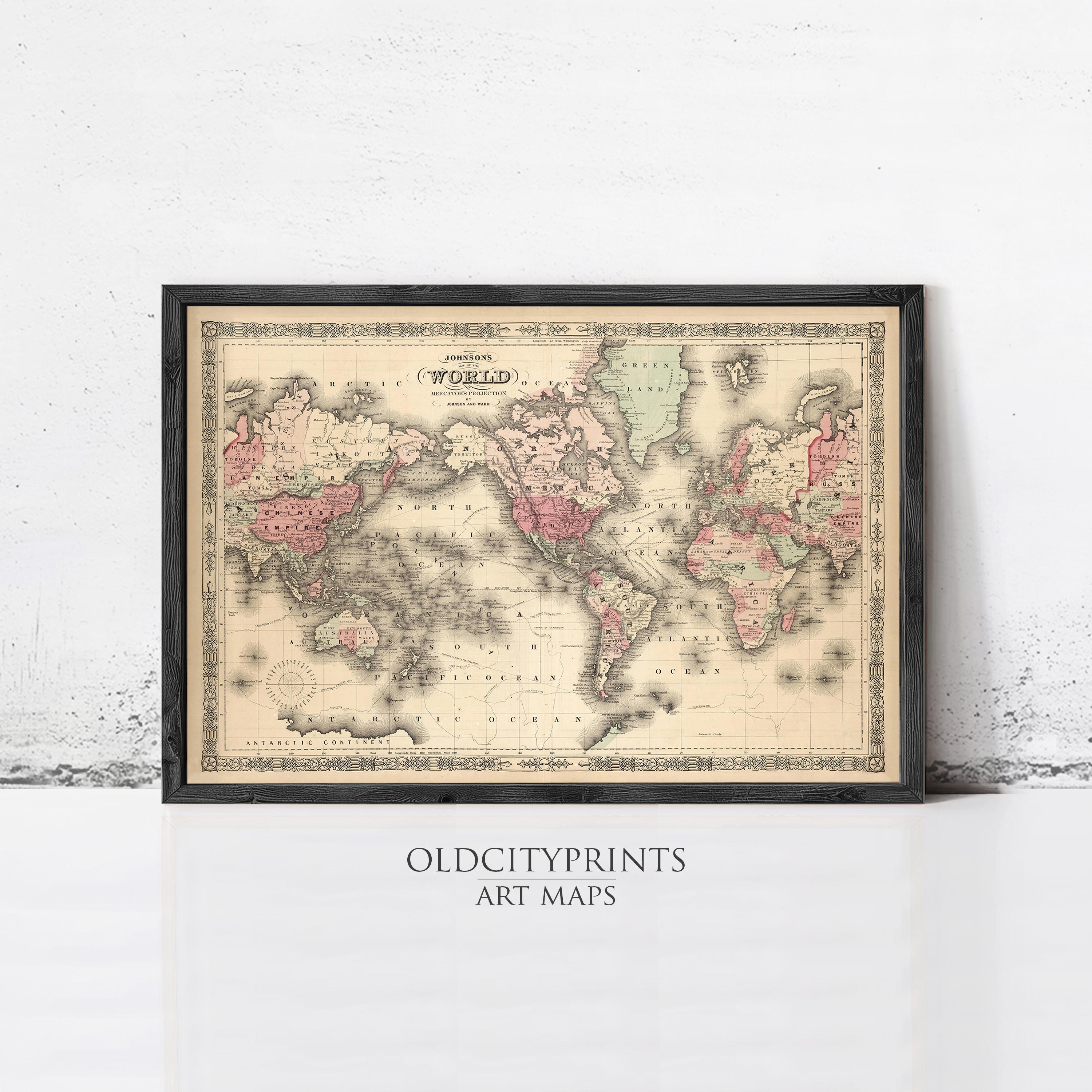A framed vintage world map from the 19th century, depicting the continents and oceans in a detailed and colorful manner.