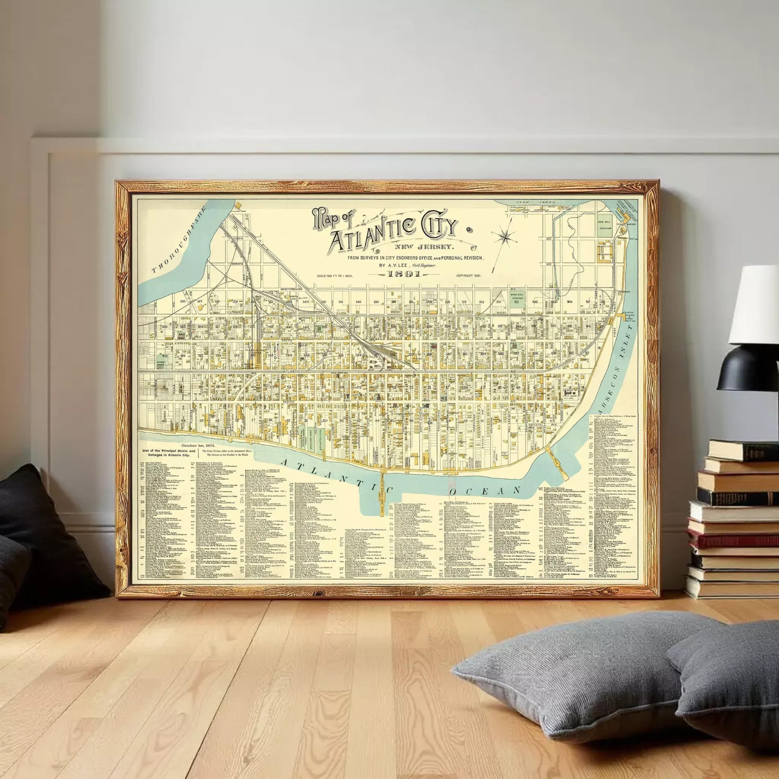 The image is a framed vintage map of the Atlantic City, New Jersey, depicting the city's layout and surrounding areas.
