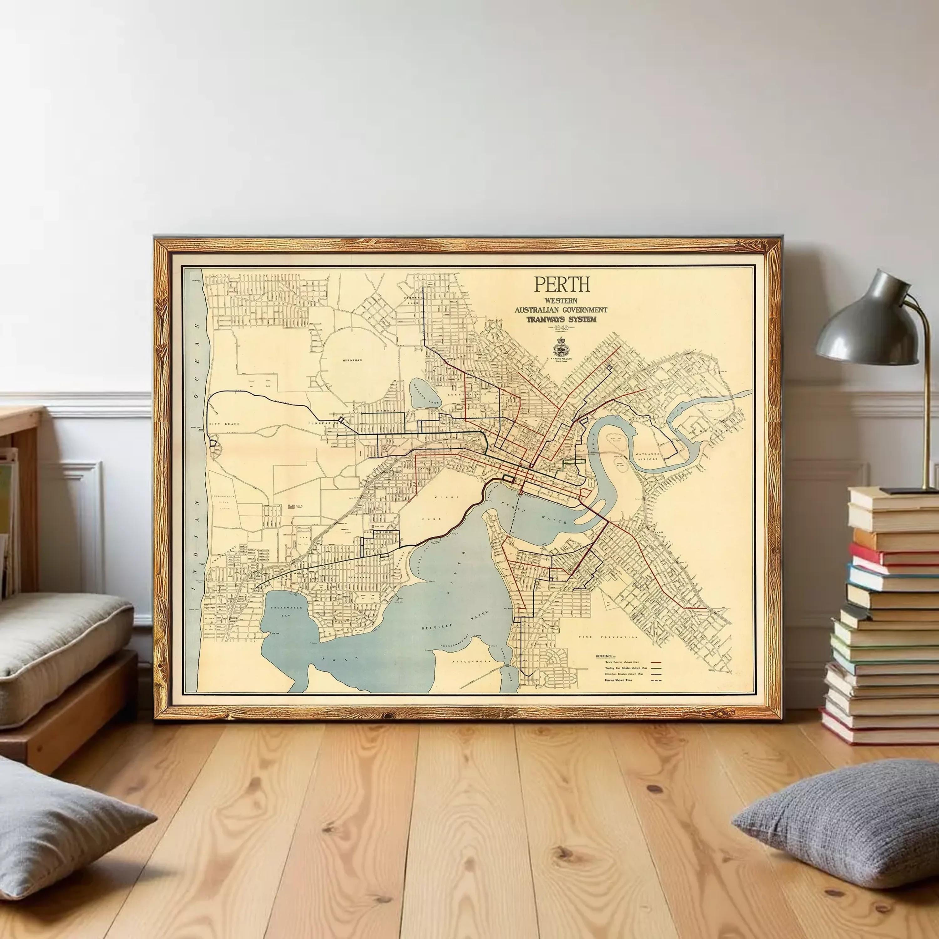 The image is a framed vintage map of the city of Perth, Australia, depicting the city's streets, waterways, and surrounding areas.