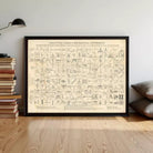 a framed poster or print of a mechanical table of mechanical movements, which is a collection of various mechanical diagrams and symbols.