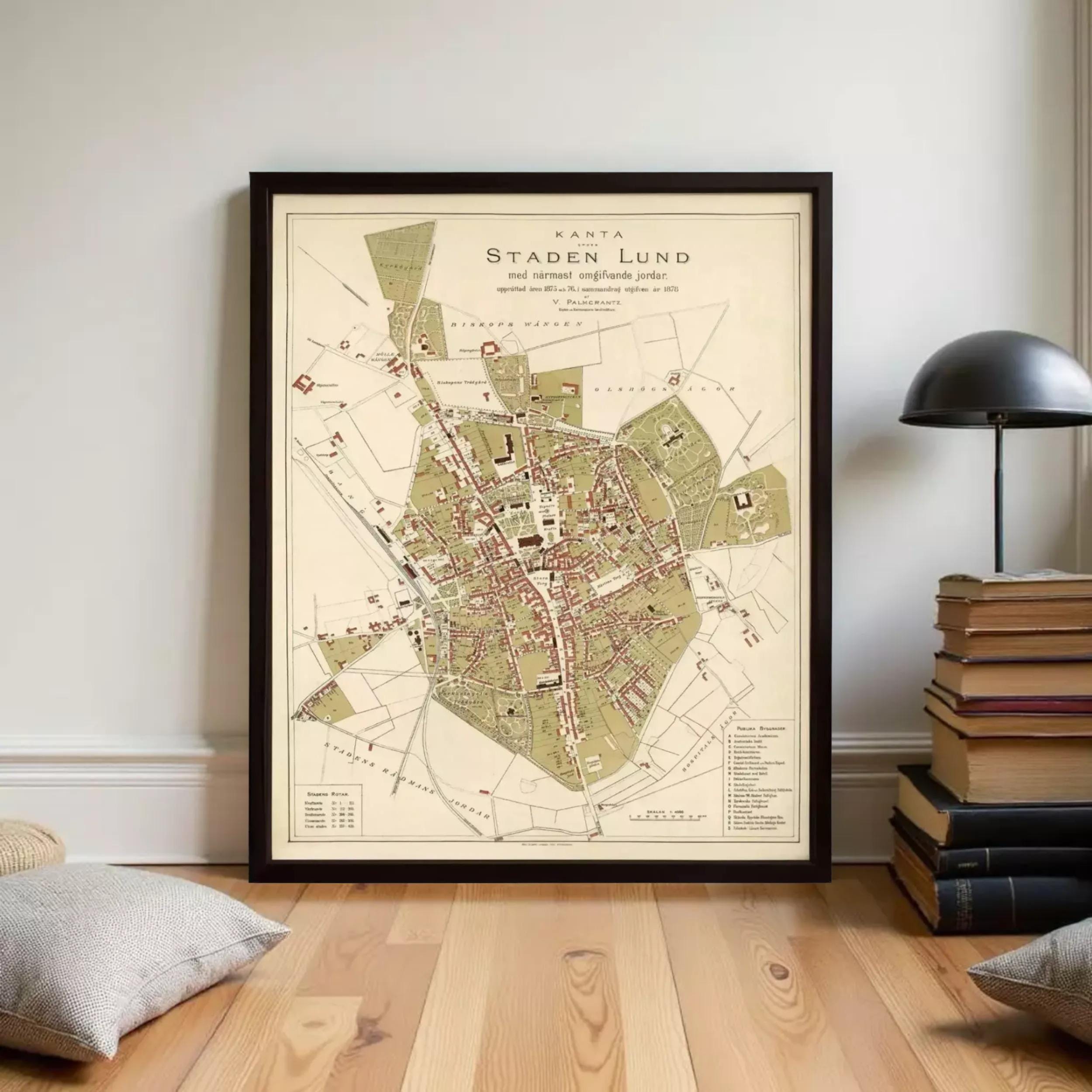 The image is a framed map of the city of Stockholm, Sweden, depicting the streets and surrounding areas.