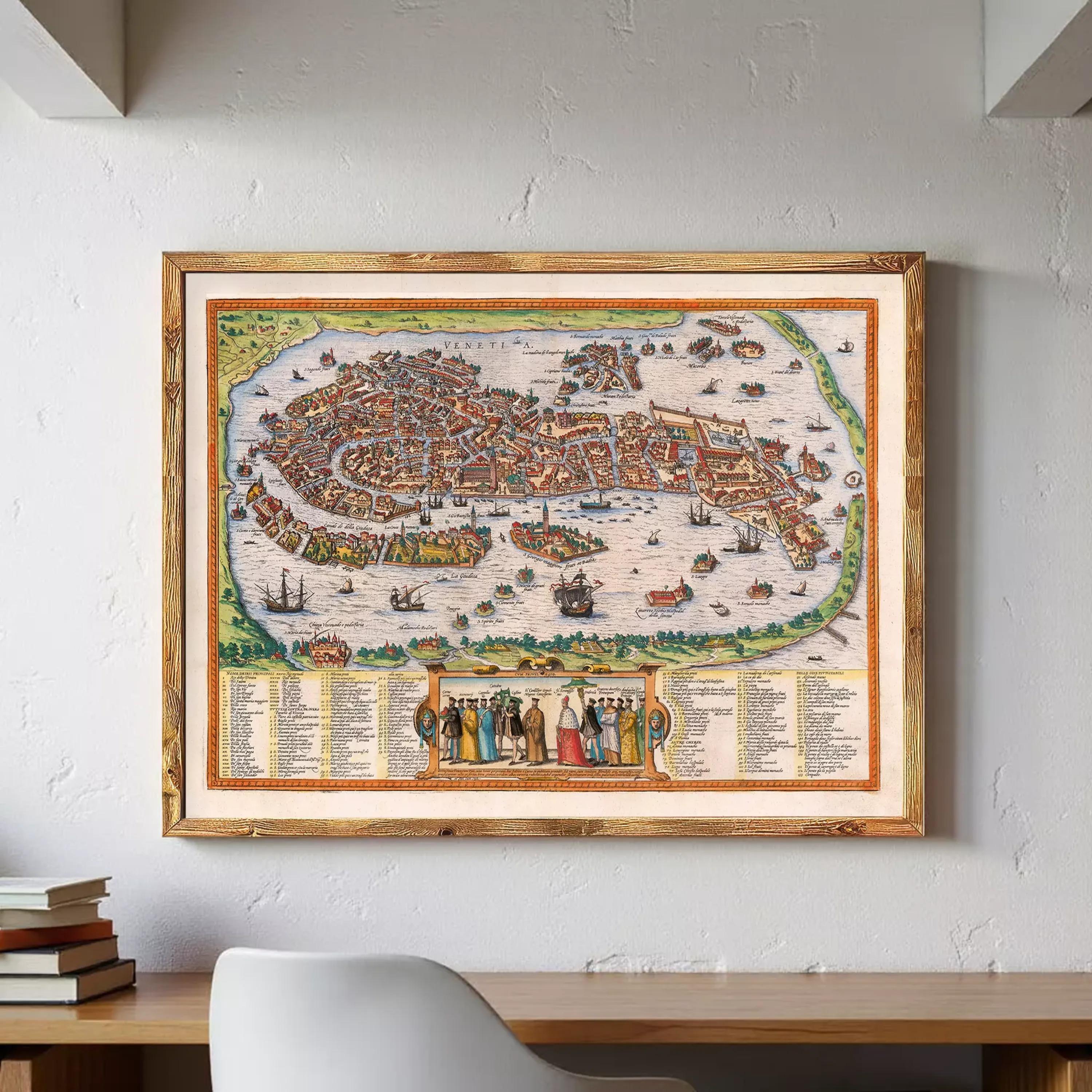 a large, colorful map of Venice hanging on a wall above a wooden desk.