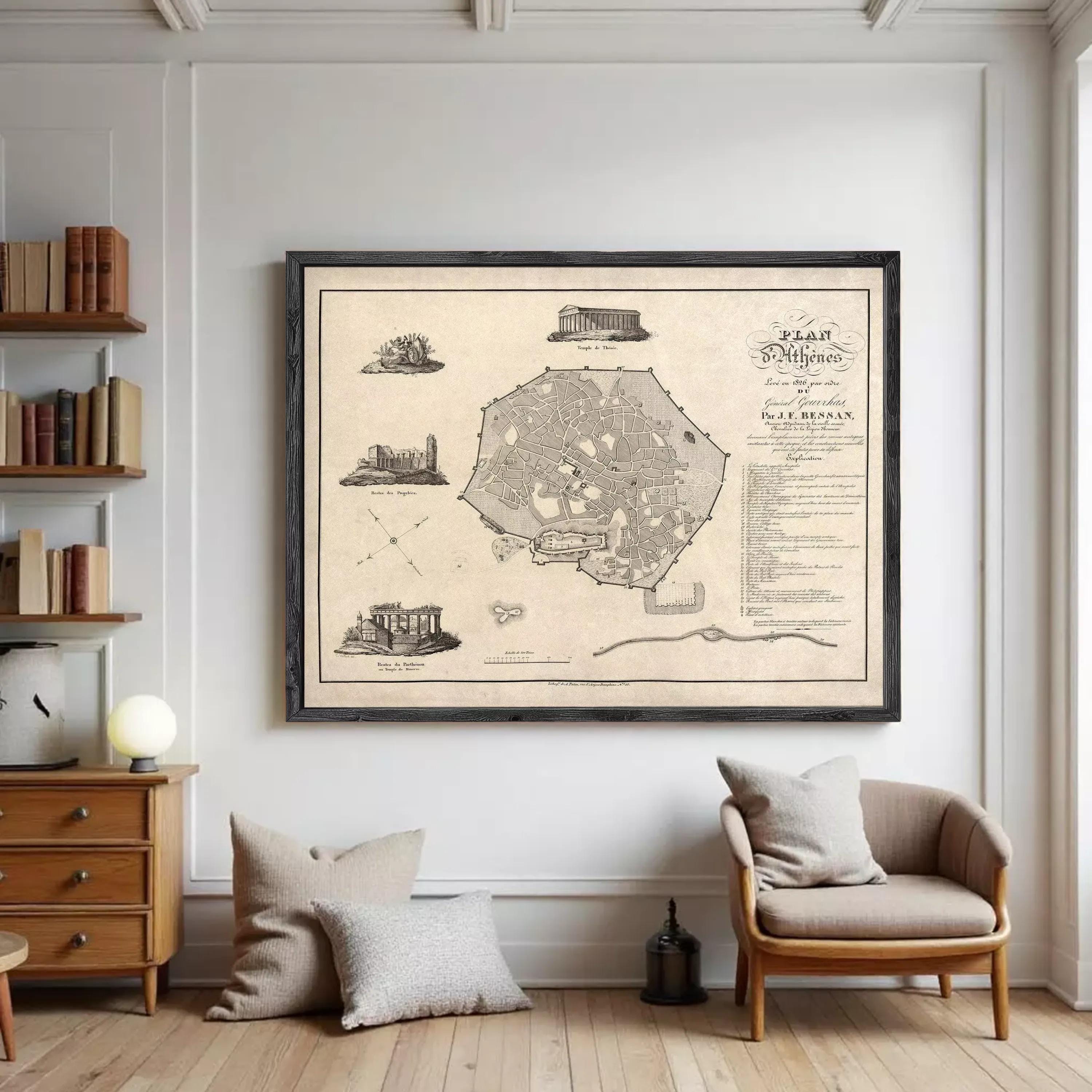 The image is a framed vintage map of Athens, Greece, depicting various landmarks and locations within the city.