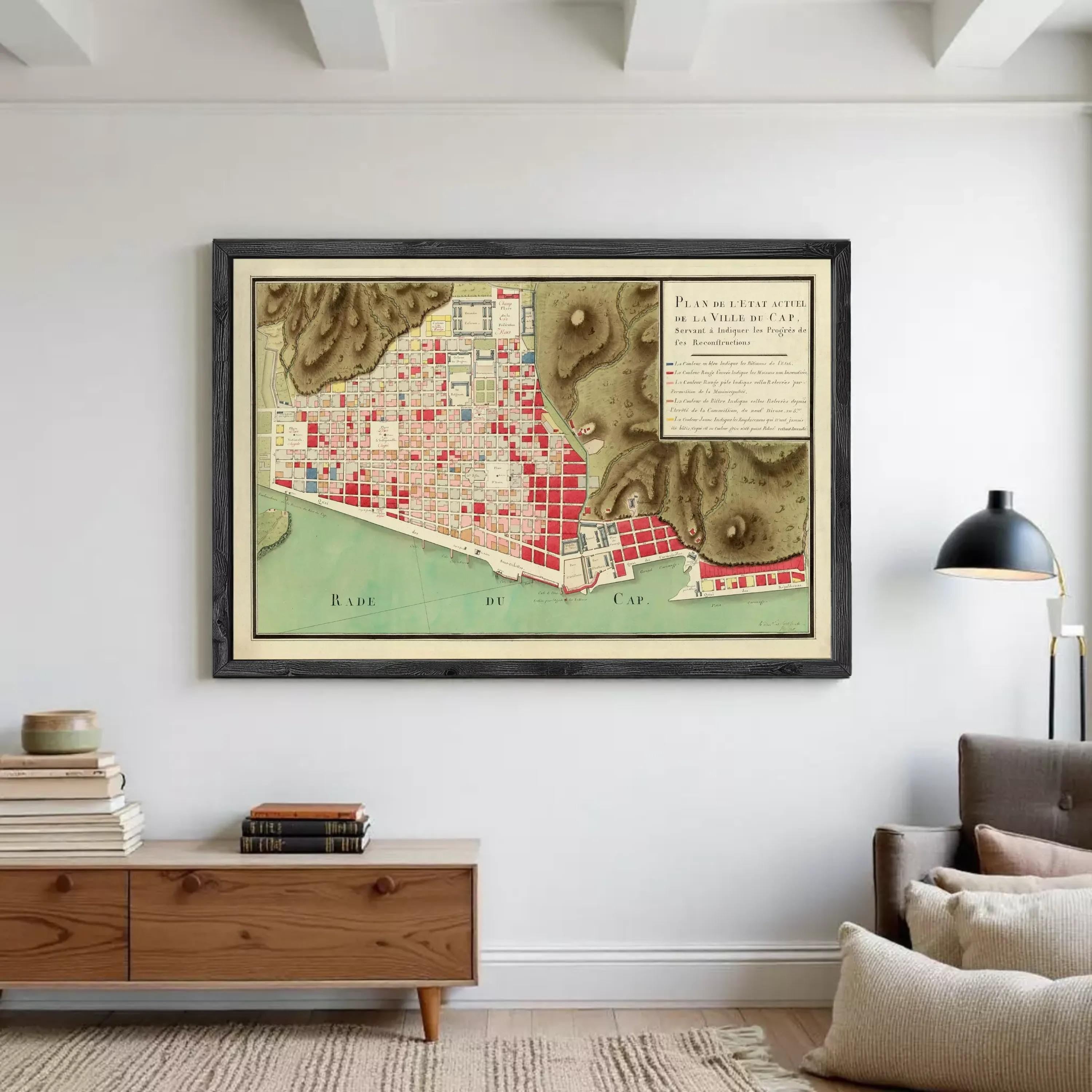 The image is a framed map of a city, depicting the layout and various landmarks.