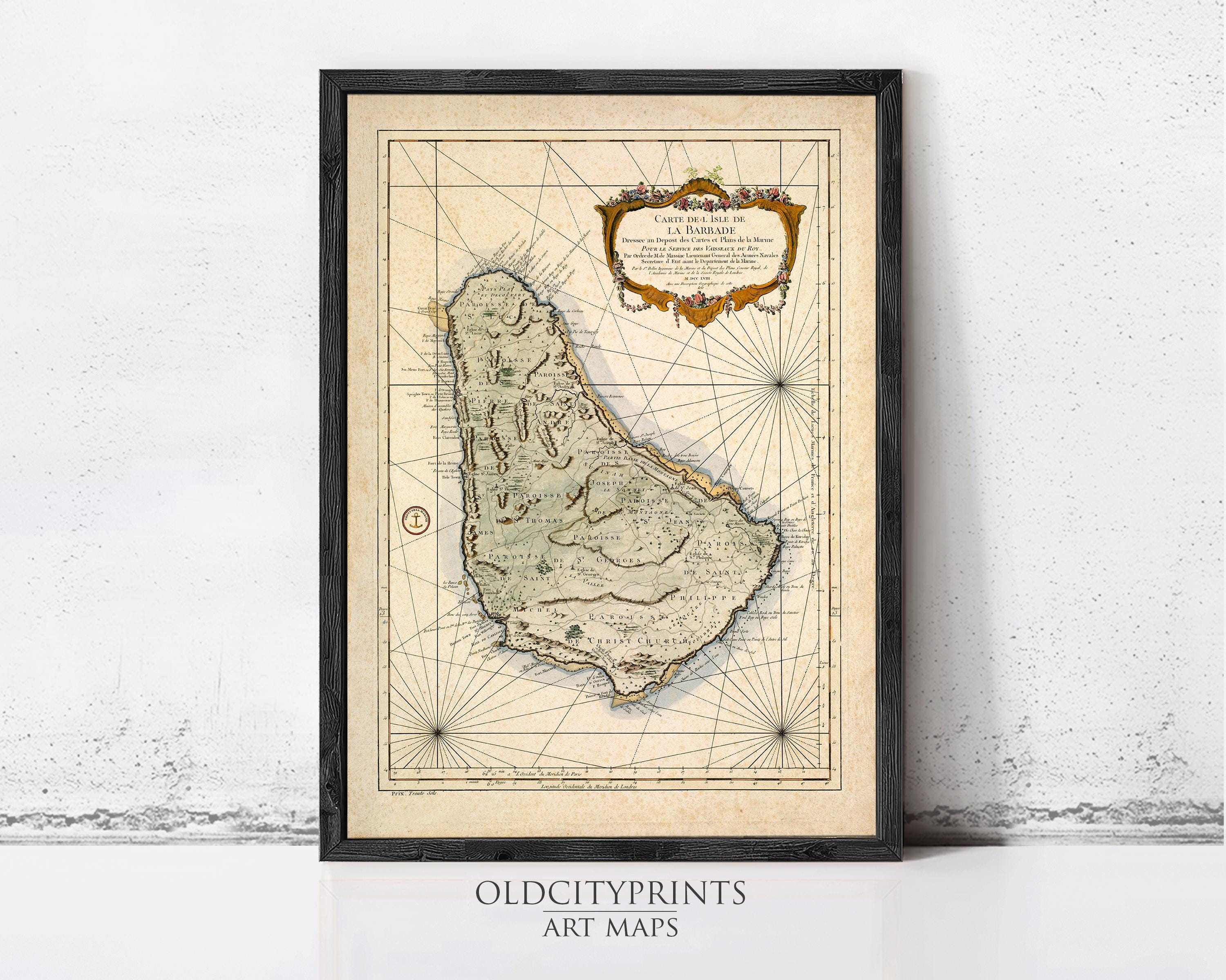 The image is a framed vintage map of Barbados, a small island located in the Caribbean Sea.