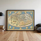 The image is a framed vintage map of the world, featuring intricate illustrations and detailed cartography.