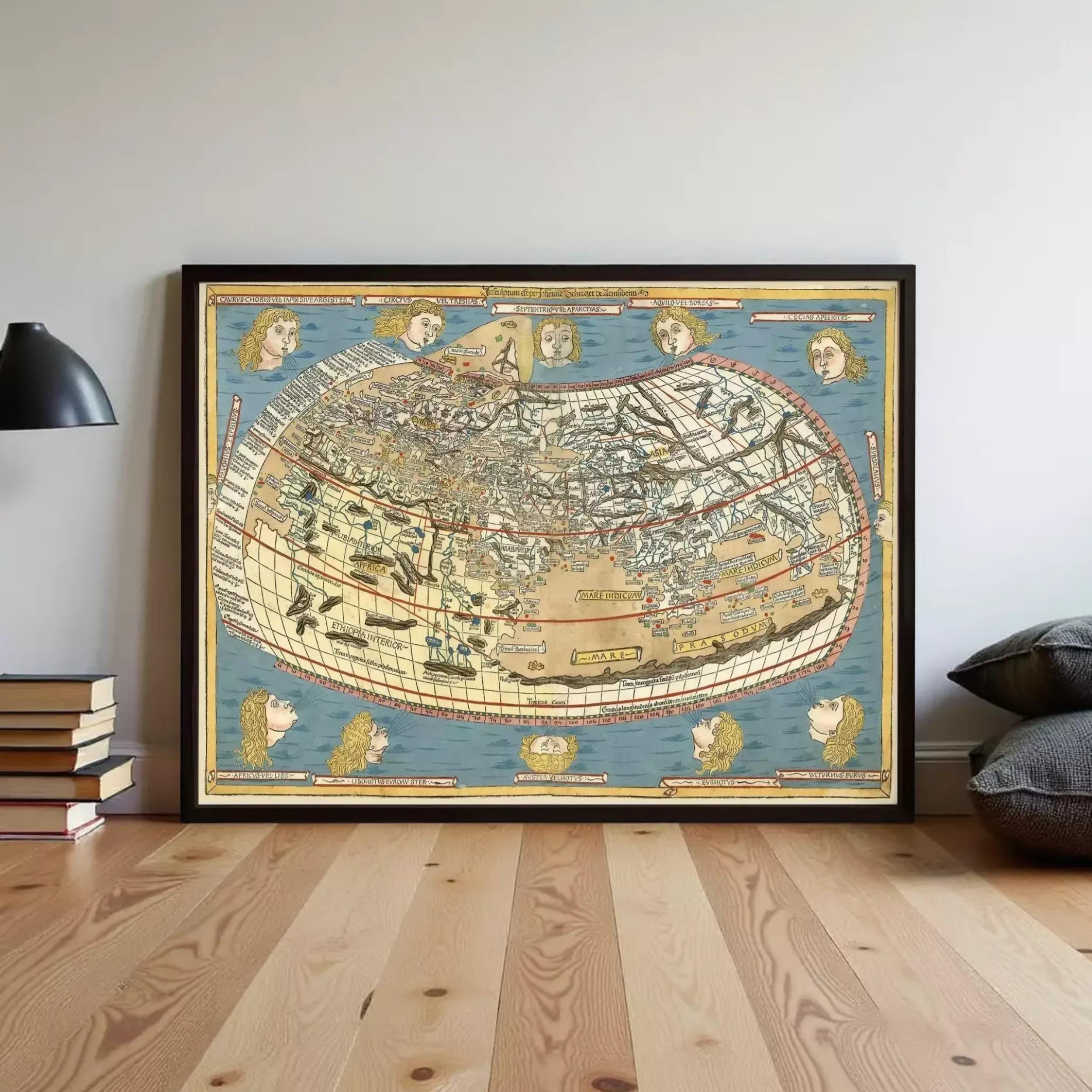 The image is a framed vintage map of the world, featuring intricate illustrations and detailed cartography.