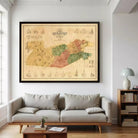 a large framed map of the city of Baltimore hanging on the wall of a living room.