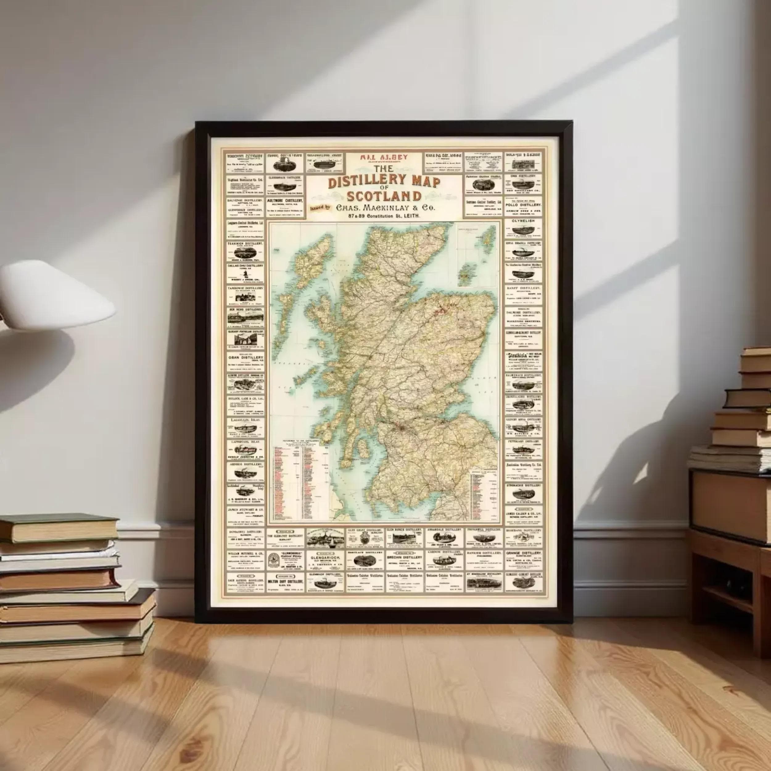 The image is a framed map of Scotland, displaying various distilleries and locations throughout the country.