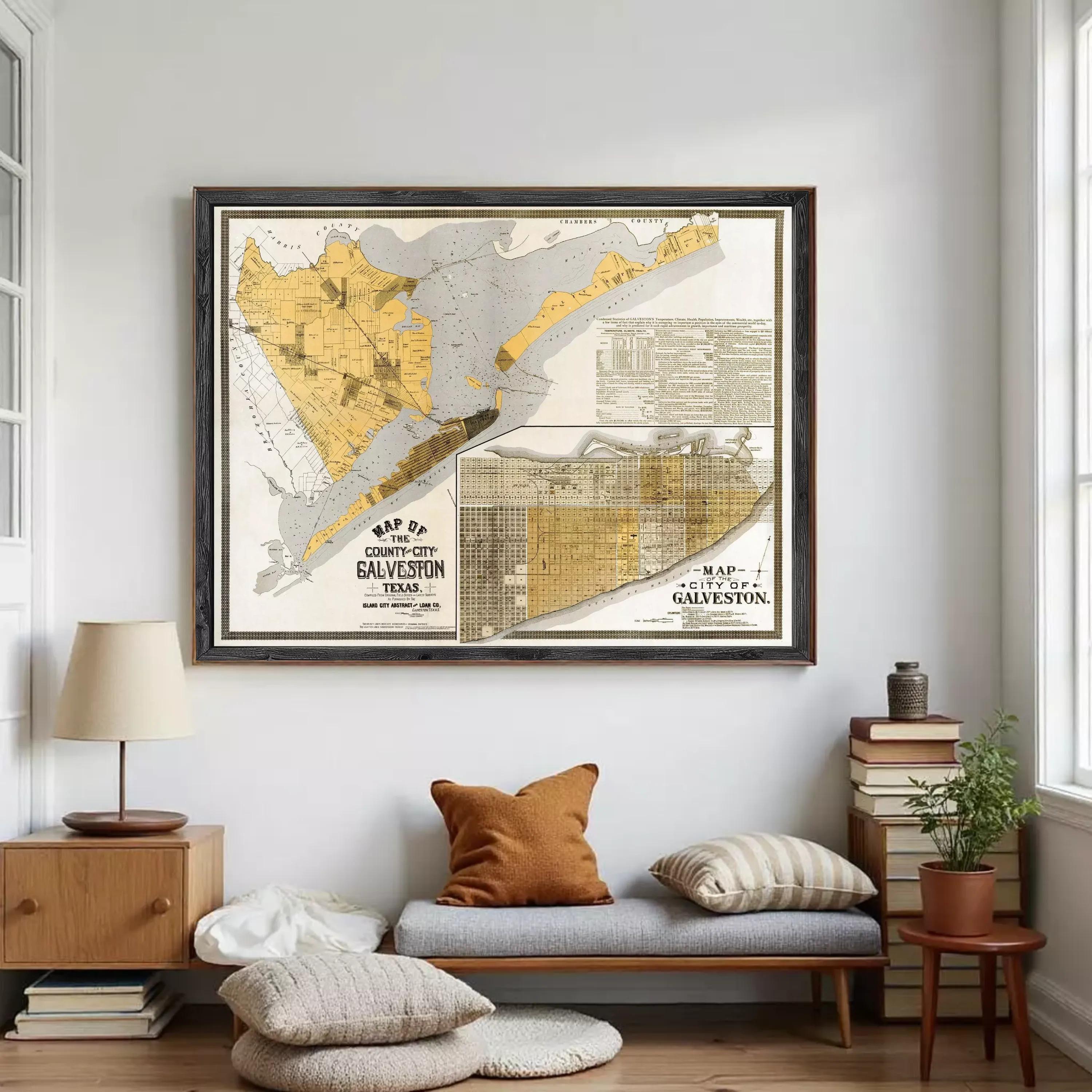 The image is a framed vintage map of Galveston, Texas, depicting the city's layout and surrounding areas.