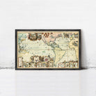 The image is a framed vintage map of the world, depicting various countries and regions with intricate details and illustrations.