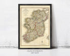 The image is a framed vintage map of Ireland, depicting the country's geographical layout and boundaries.