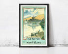The image is a framed vintage poster depicting a scenic view of Geneva, Switzerland, with boats on the water and a castle in the background.