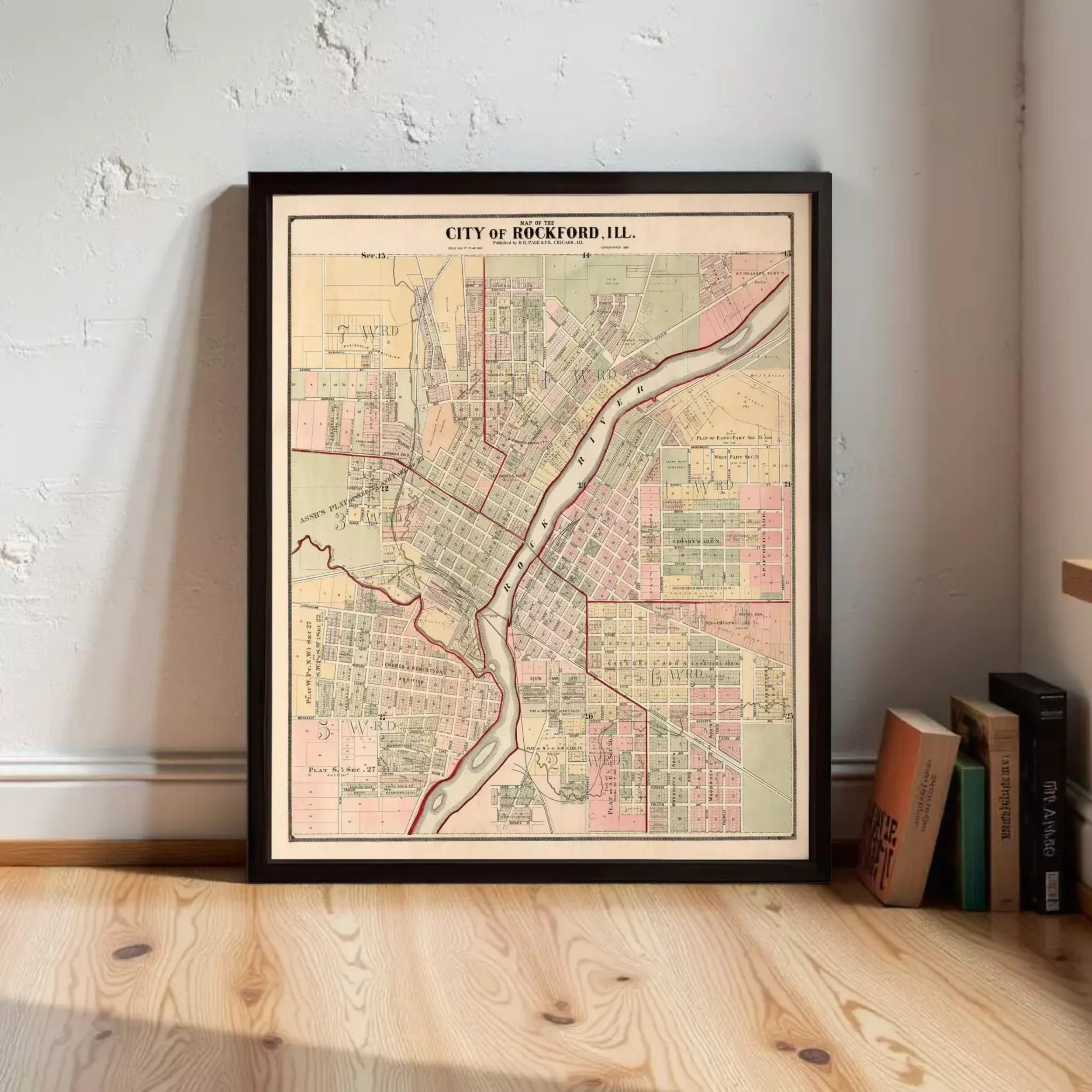 A framed map of the City of Rockford, Illinois, depicting the city's layout and surrounding areas.