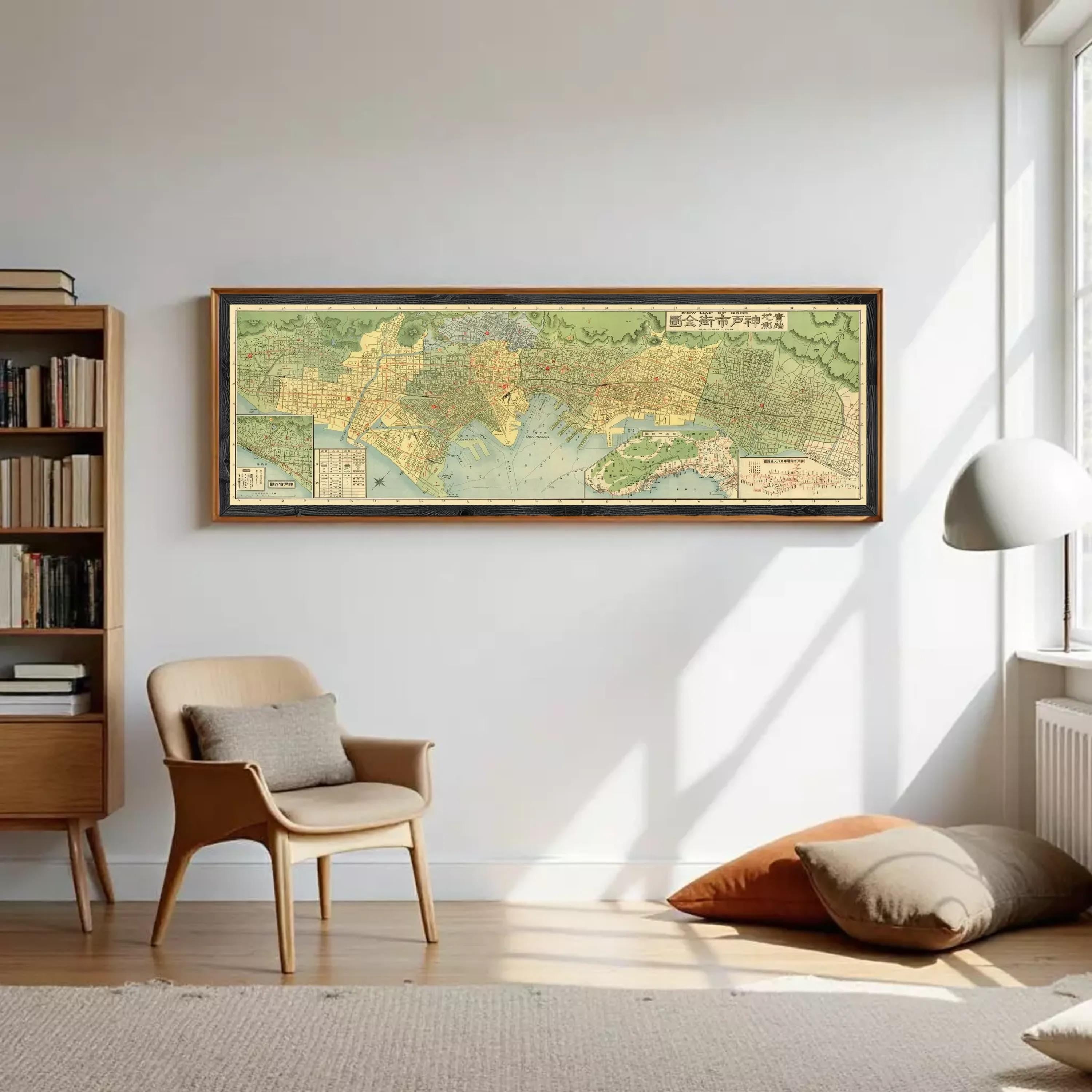 A framed map of a city or region, with various streets and landmarks depicted in a vintage style.