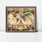The image is a framed vintage map of the world, featuring intricate illustrations and detailed cartography.