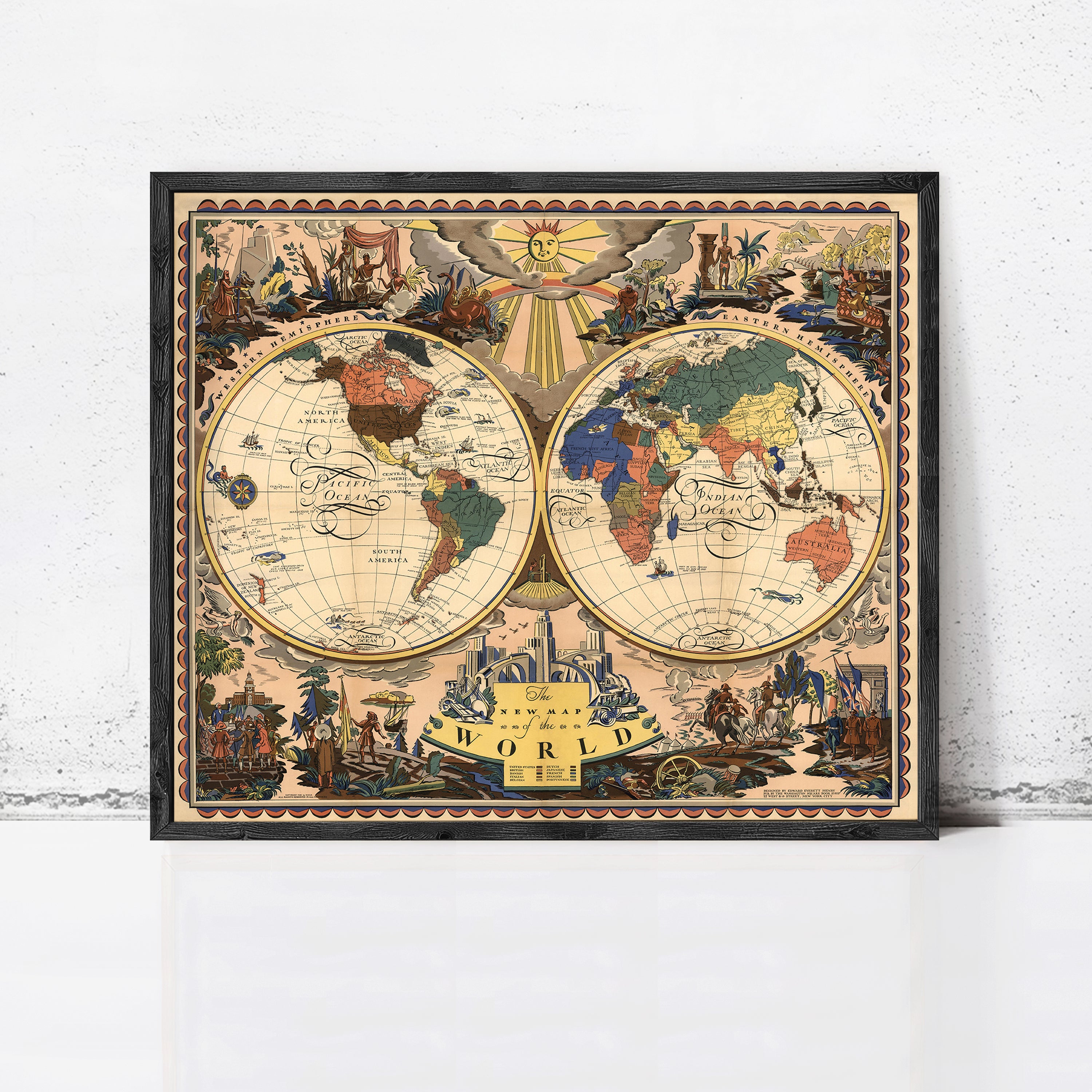 The image is a framed vintage map of the world, featuring intricate illustrations and detailed cartography.