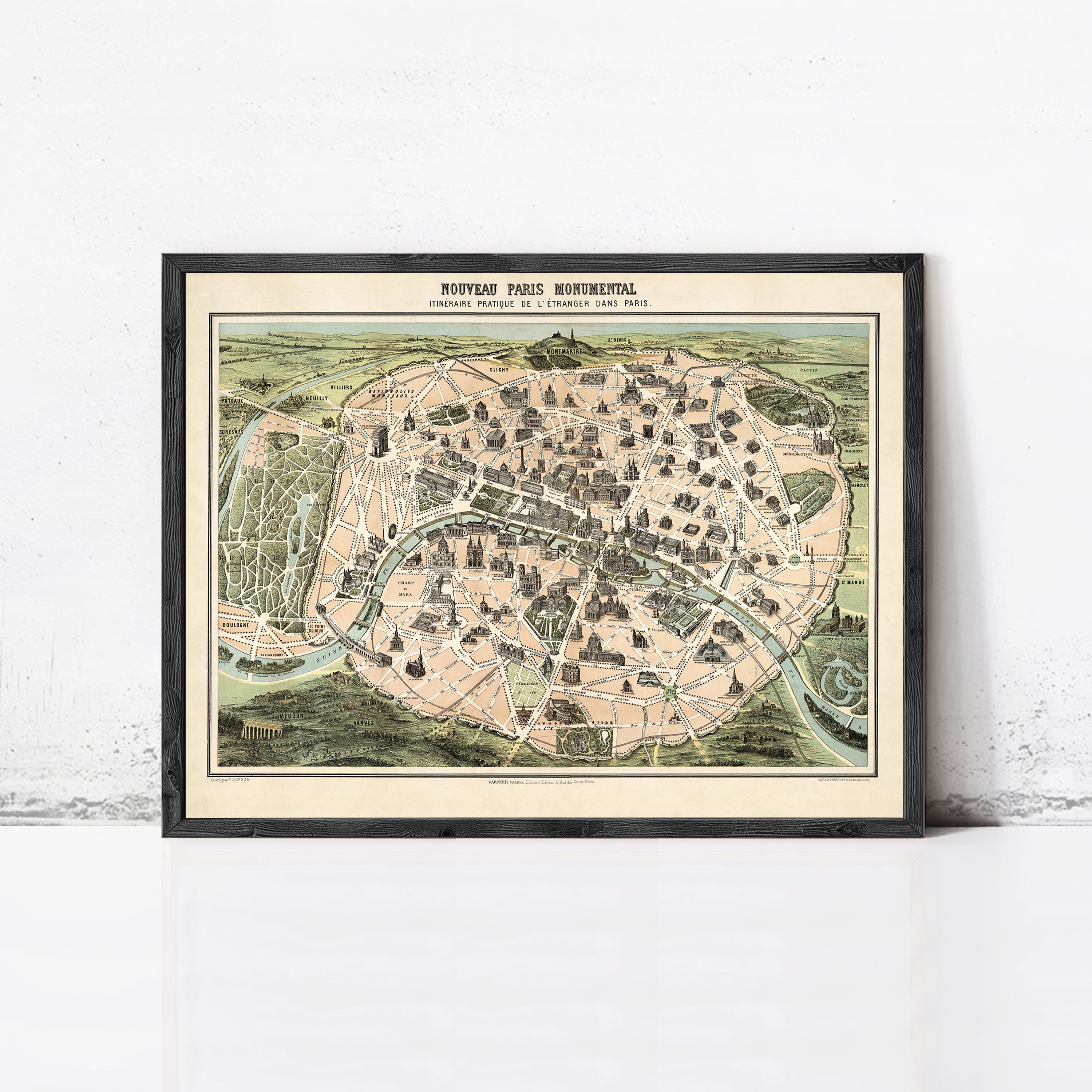 The image is a framed vintage map of Paris, France, depicting the city's layout and surrounding areas.