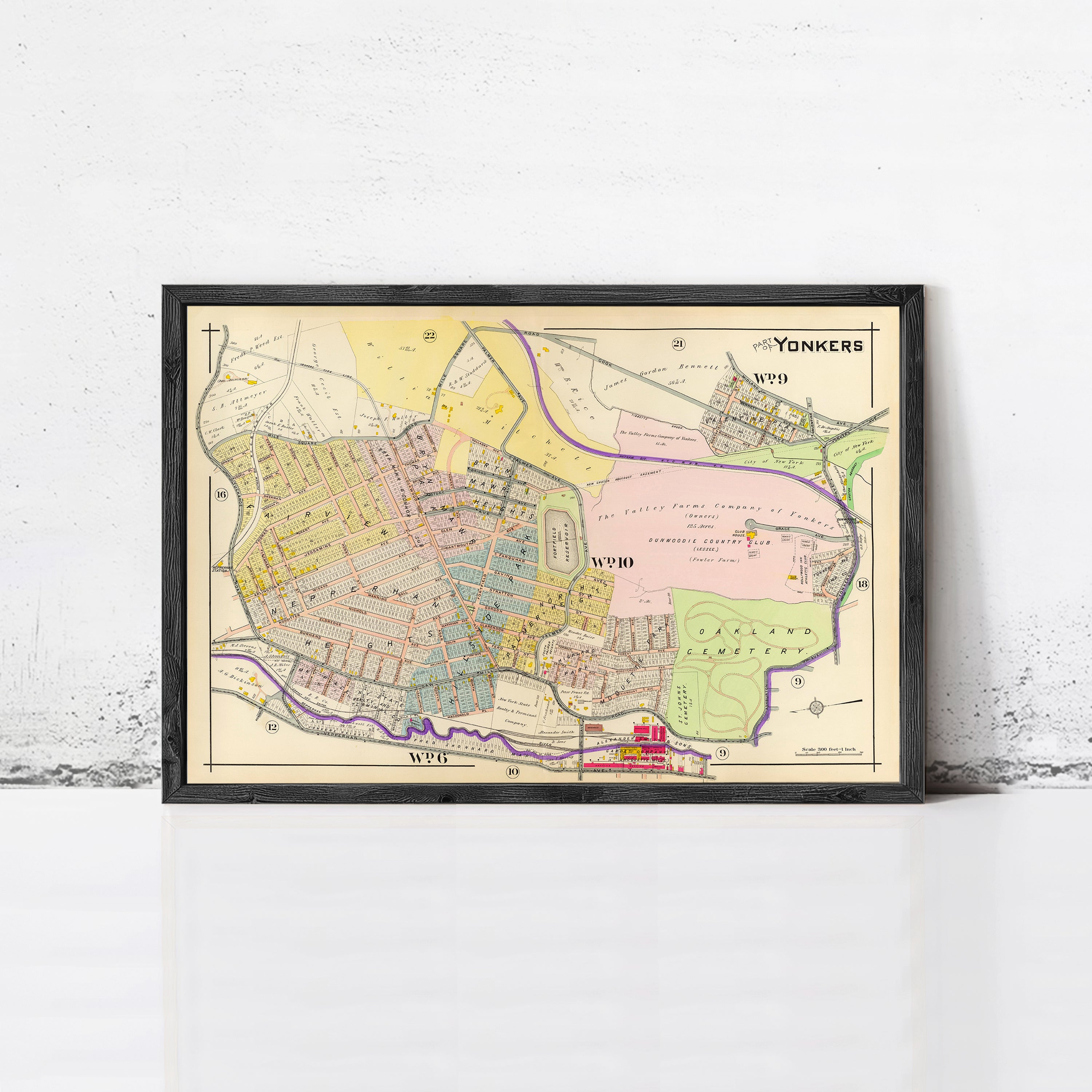 The image is a framed vintage map of the Yonkers area, showing a detailed layout of the neighborhood and surrounding areas.