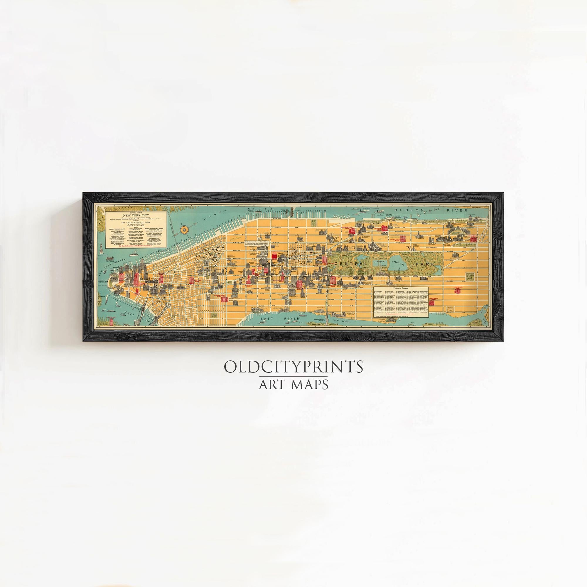 The image is a framed art print depicting a detailed map of New York City.