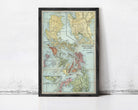 The image is a framed vintage map of the Philippines, showing the country's geographical layout and surrounding areas.