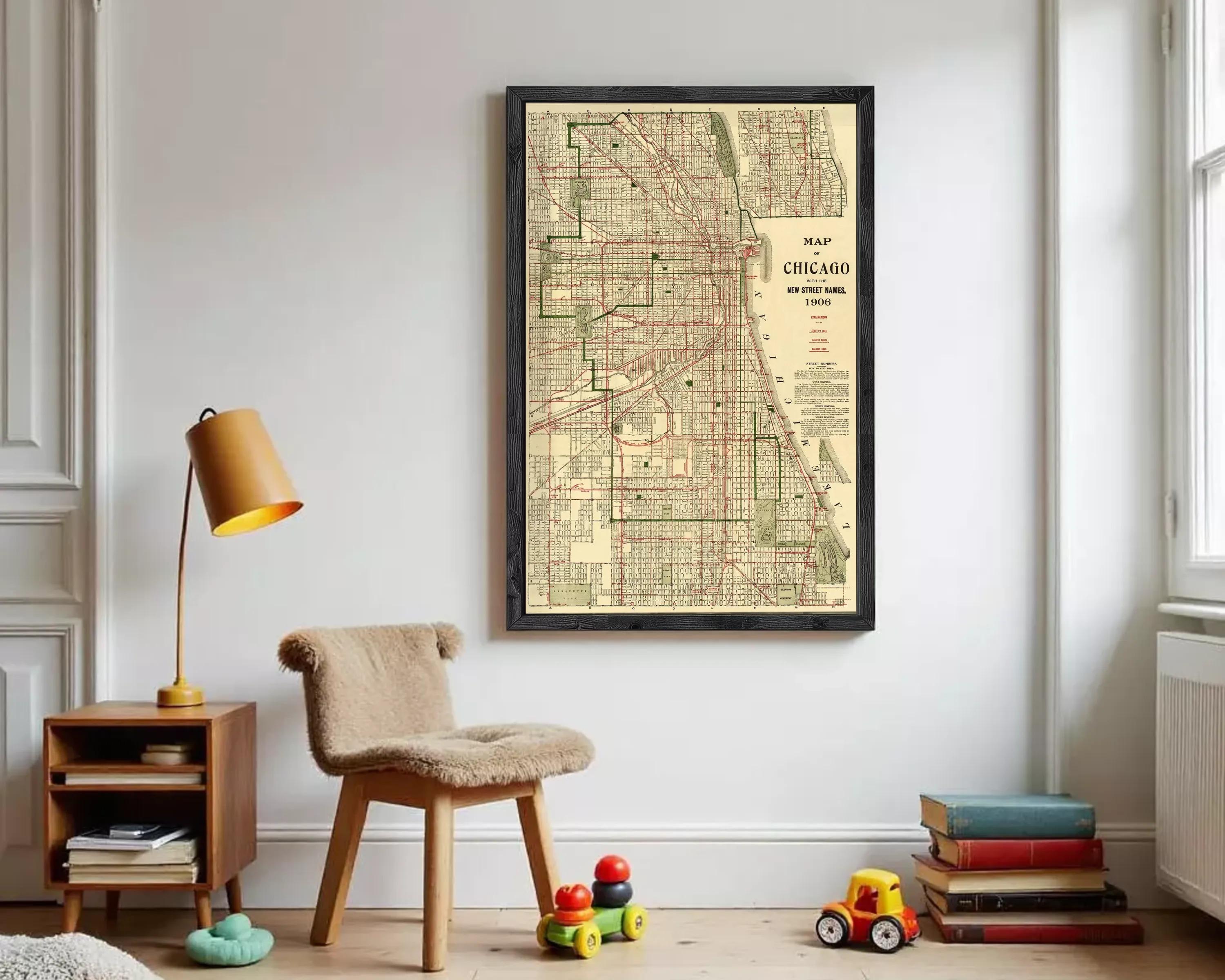 The image is a framed vintage map of Chicago, Illinois, depicting the city's streets and transportation system.