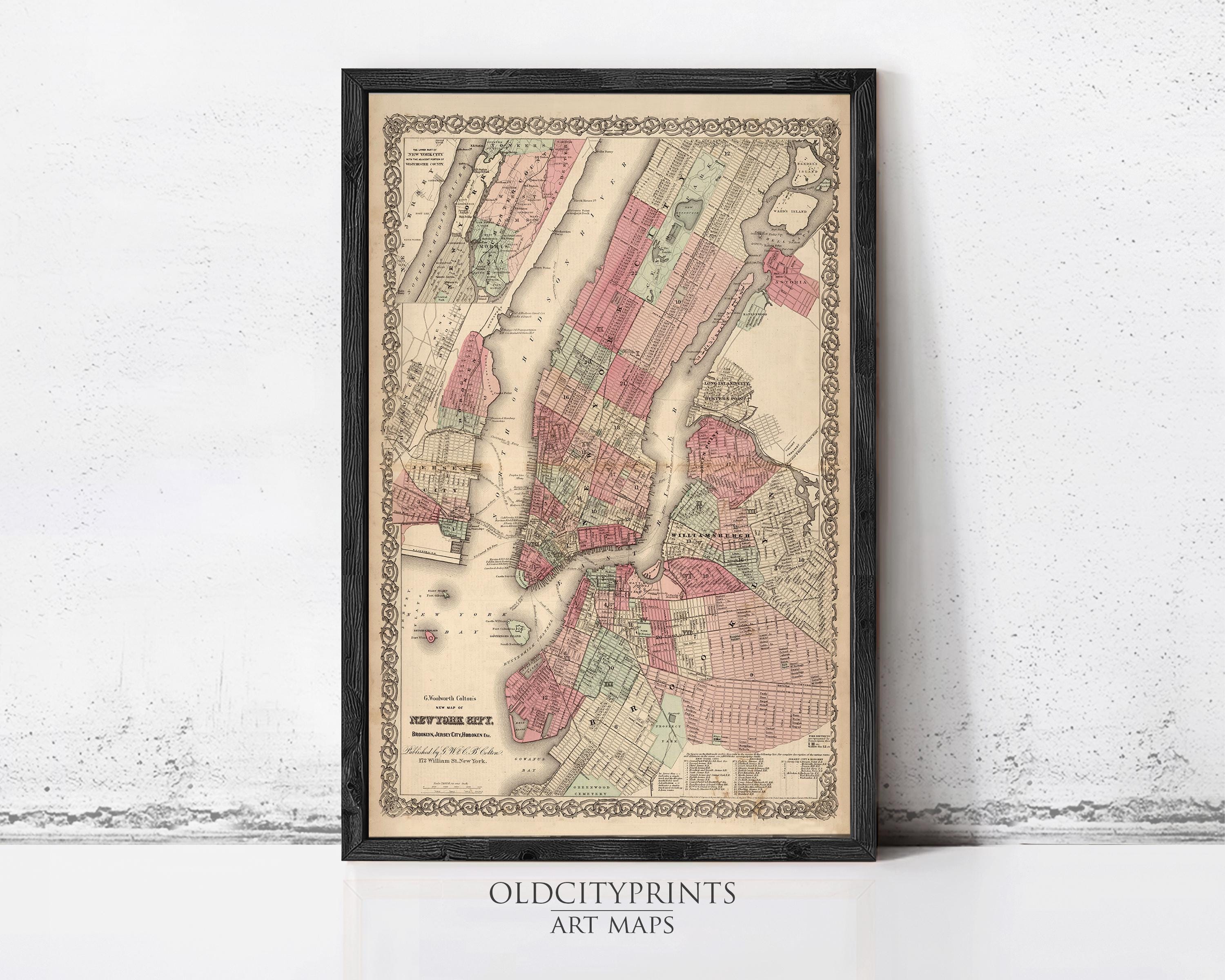 The image is a framed vintage map of New York City, depicting the city's streets, neighborhoods, and surrounding areas.